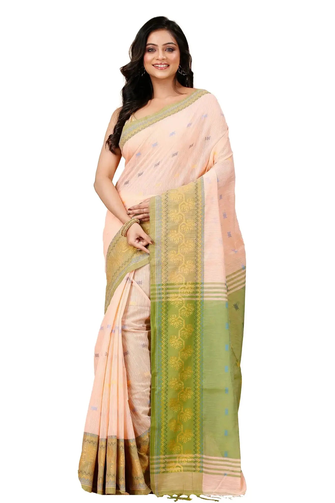 Pale Pink- Bellu Cotton Handloom Saree With Green Border and Blouse Piece - Grivana