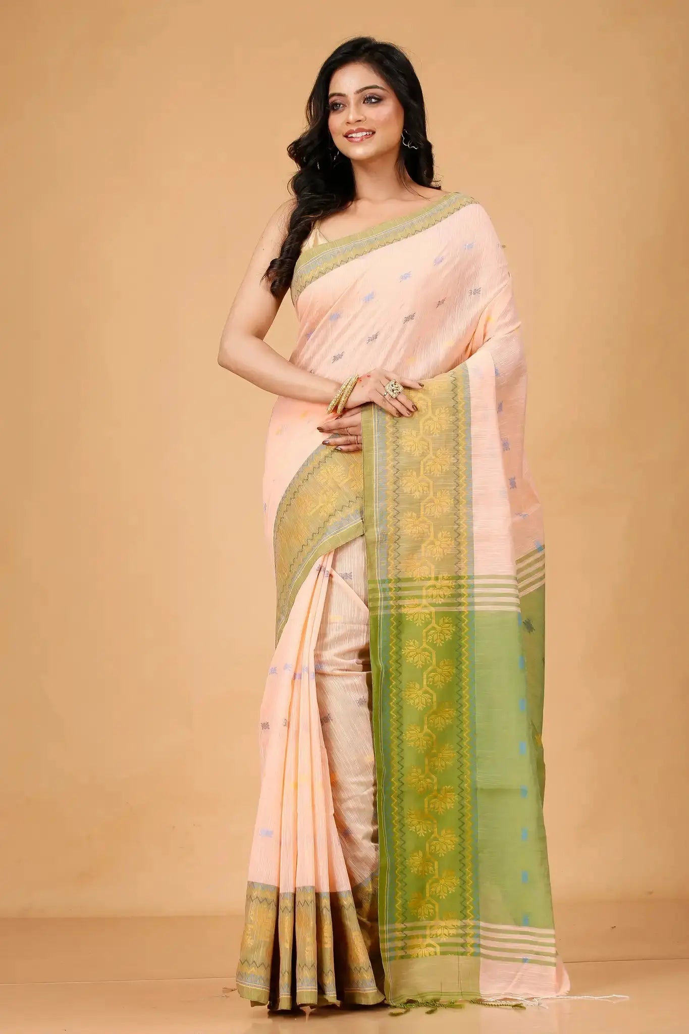 Pale Pink- Bellu Cotton Handloom Saree With Green Border and Blouse Piece - Grivana