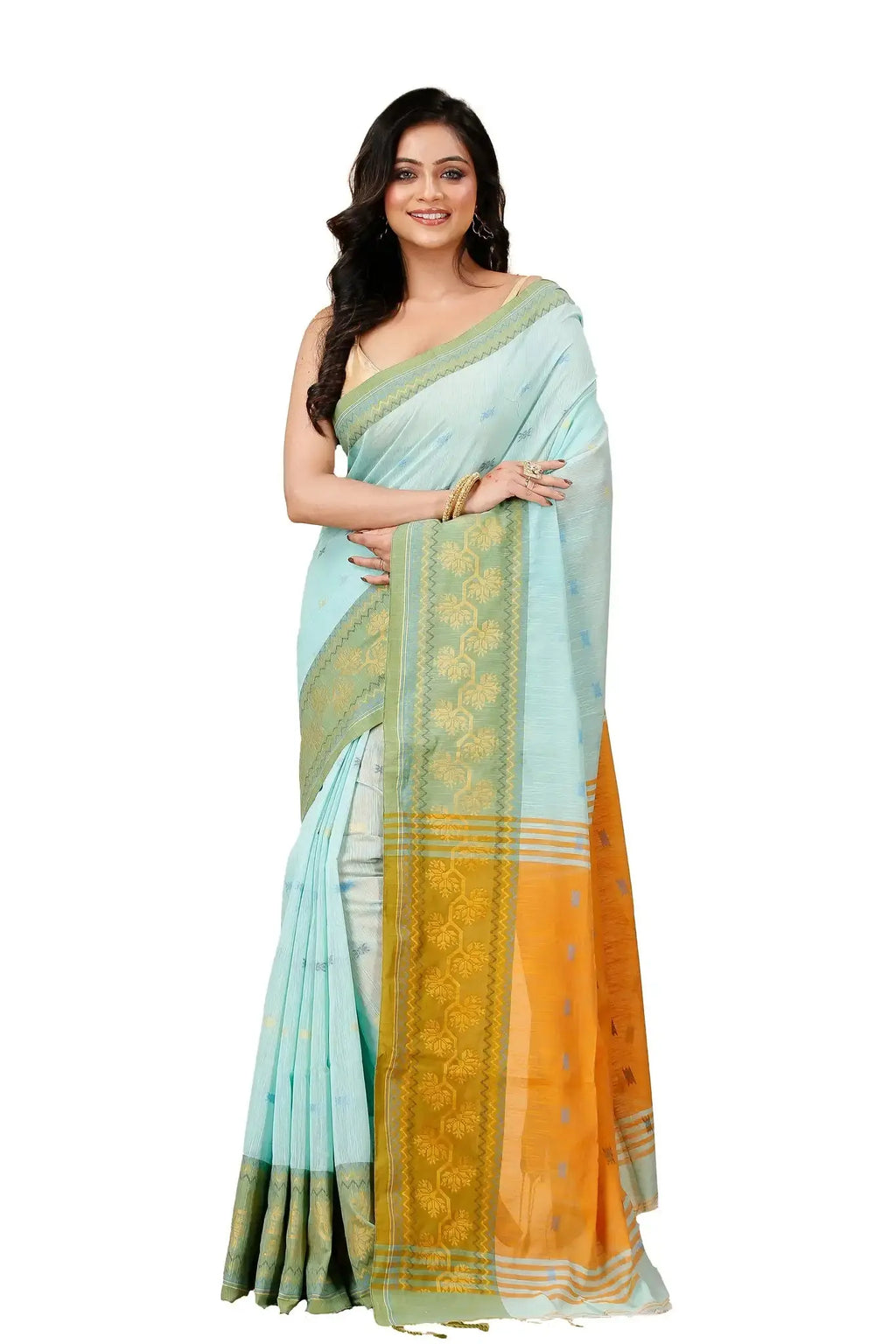 Sea Mist- Bellu Cotton Handloom Woven Detailing Saree With Blouse Piece - Grivana