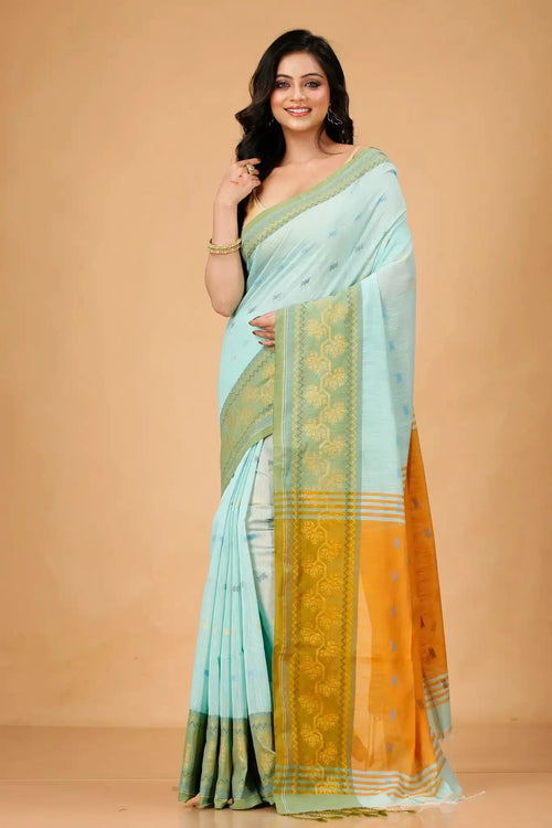 Sea Mist- Bellu Cotton Handloom Woven Detailing Saree With Blouse Piece - Grivana