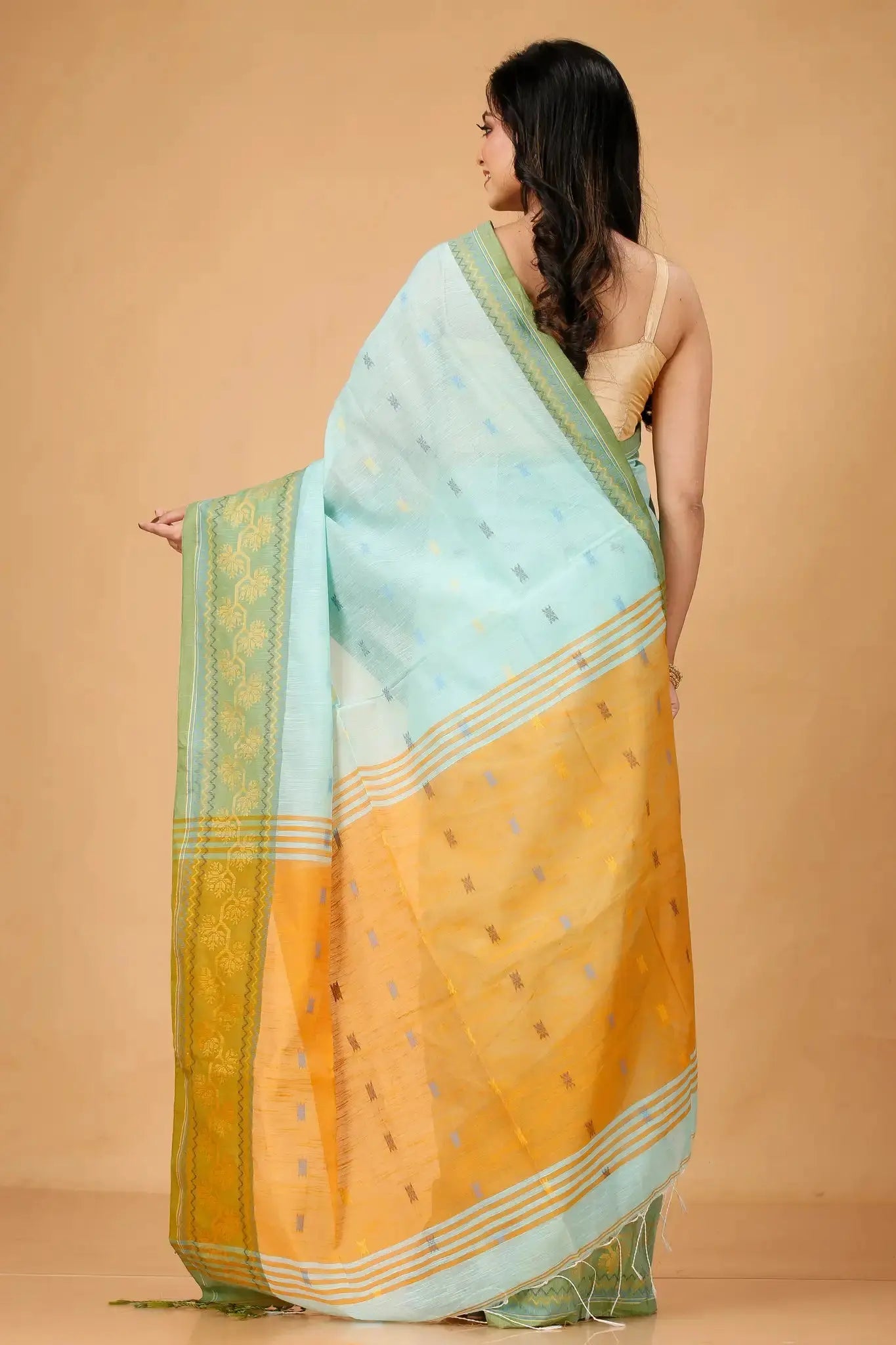 Sea Mist- Bellu Cotton Handloom Woven Detailing Saree With Blouse Piece - Grivana