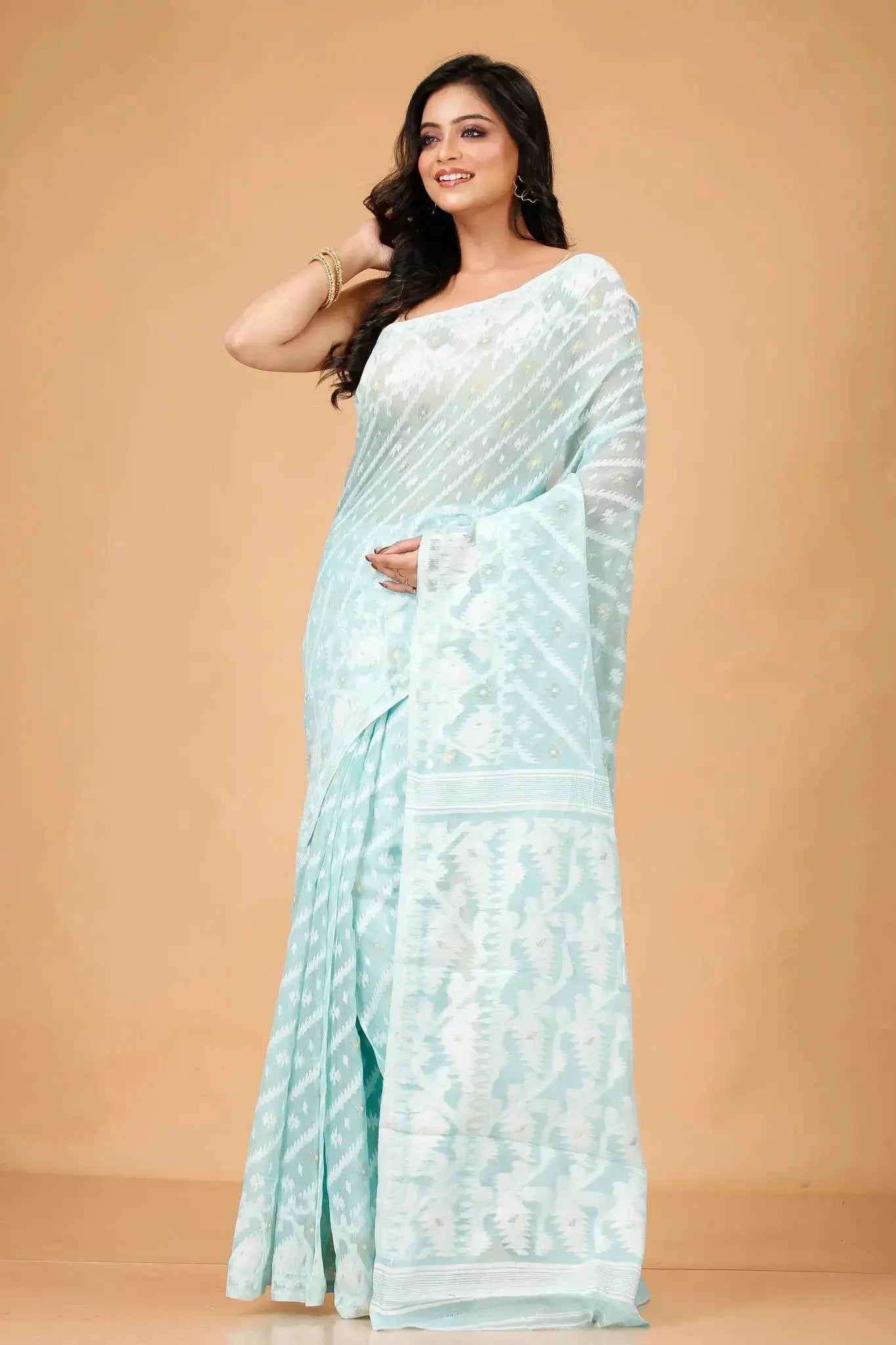 Light Blue- Bengal Handloom Ikat Jamdani Cotton Saree