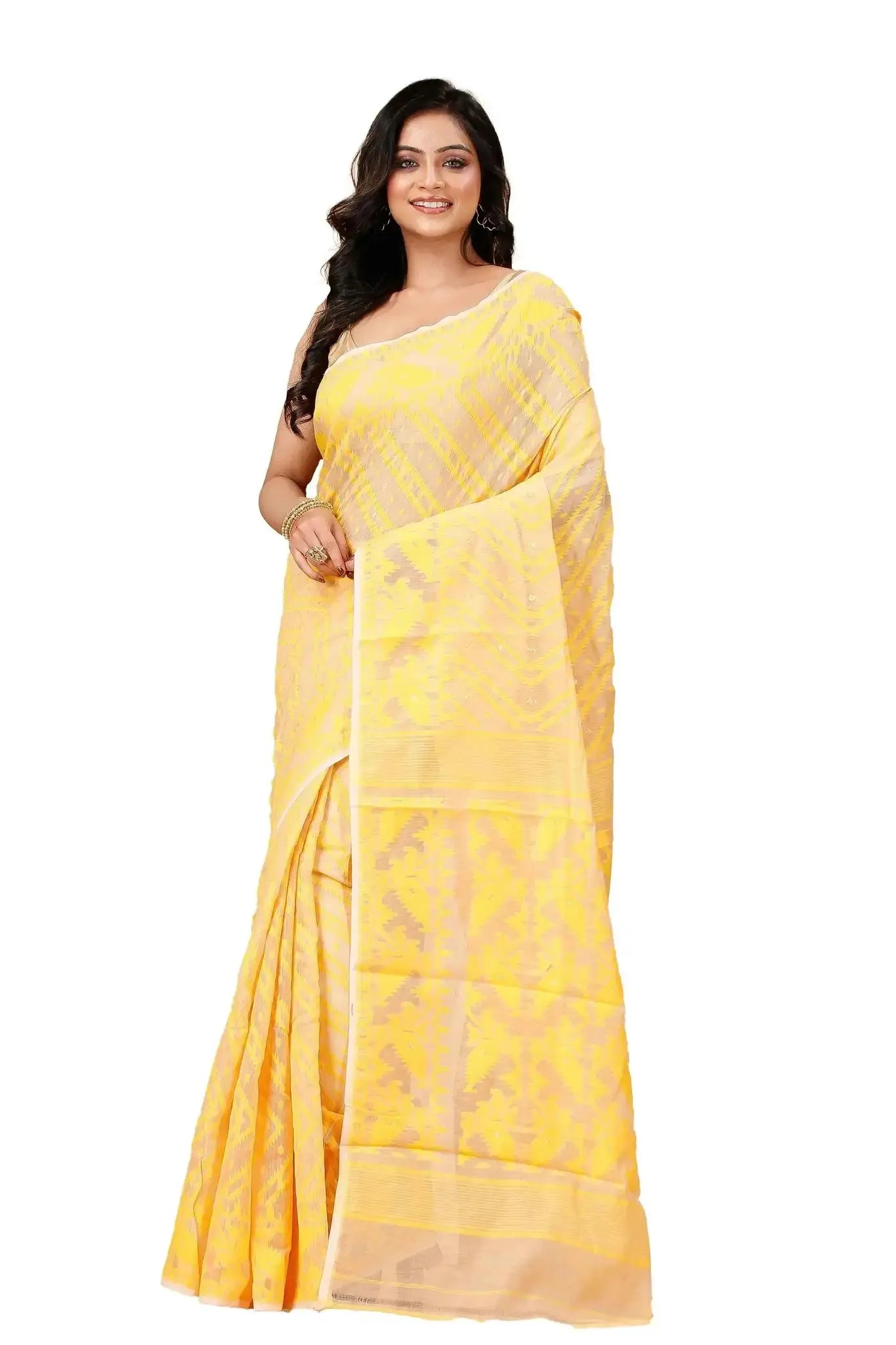 Marigold Yellow- Bengal Handloom Festive Wear Soft Jamdani Cotton Saree