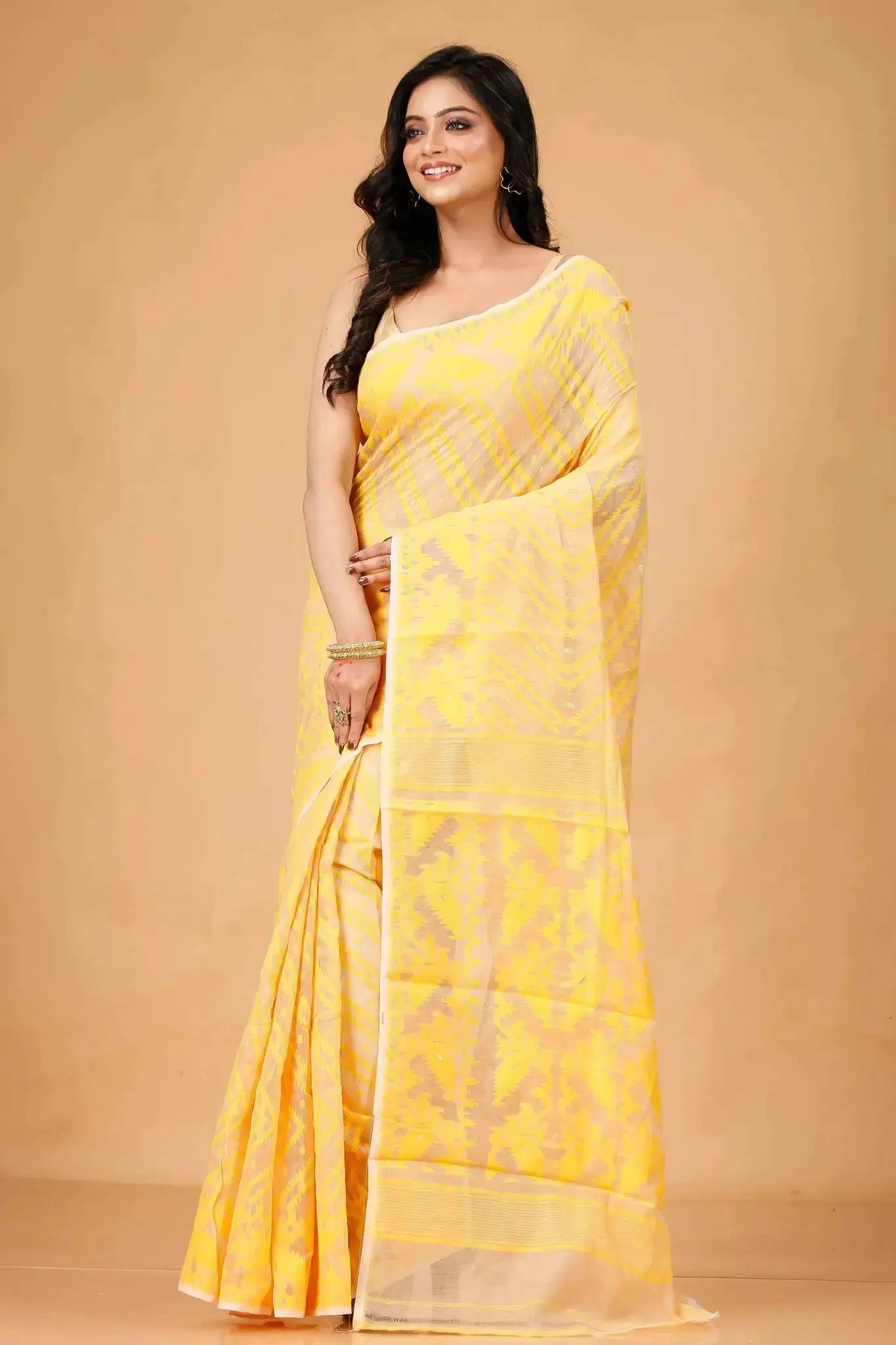 Marigold Yellow- Bengal Handloom Festive Wear Soft Jamdani Cotton Saree