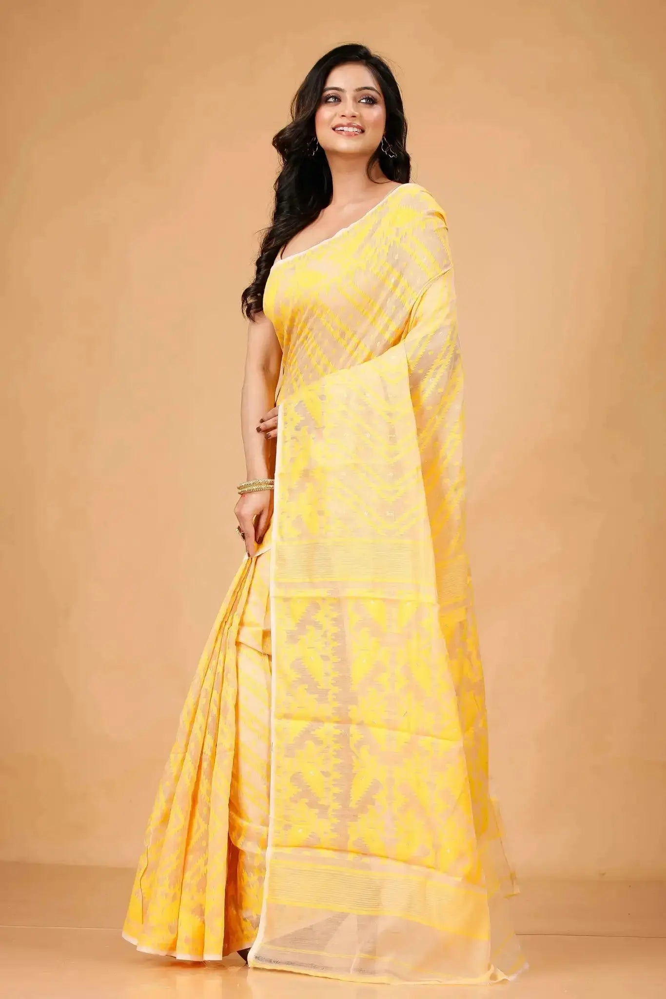 Marigold Yellow- Bengal Handloom Festive Wear Soft Jamdani Cotton Saree