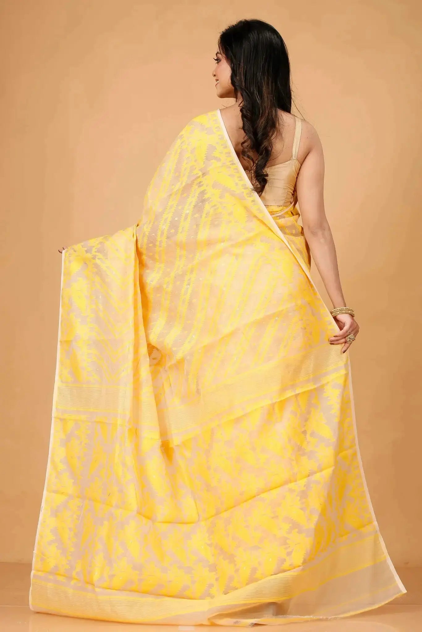 Marigold Yellow- Bengal Handloom Festive Wear Soft Jamdani Cotton Saree