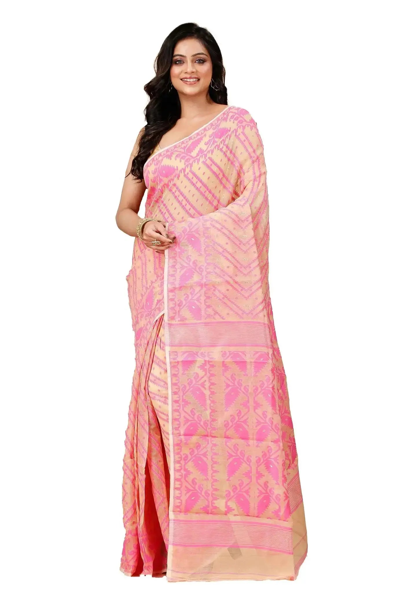 Deep Peach- Bengal Handloom Festive Drape Soft Jamdani Saree