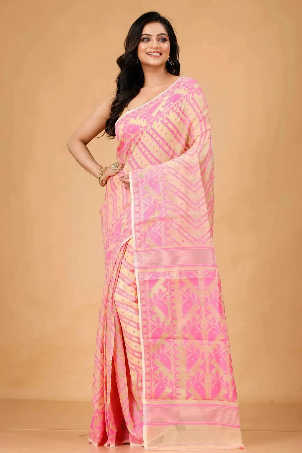 Deep Peach- Bengal Handloom Festive Drape Soft Jamdani Saree
