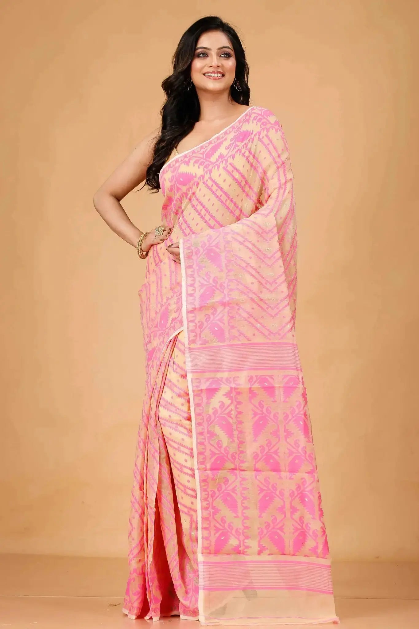 Deep Peach- Bengal Handloom Festive Drape Soft Jamdani Saree