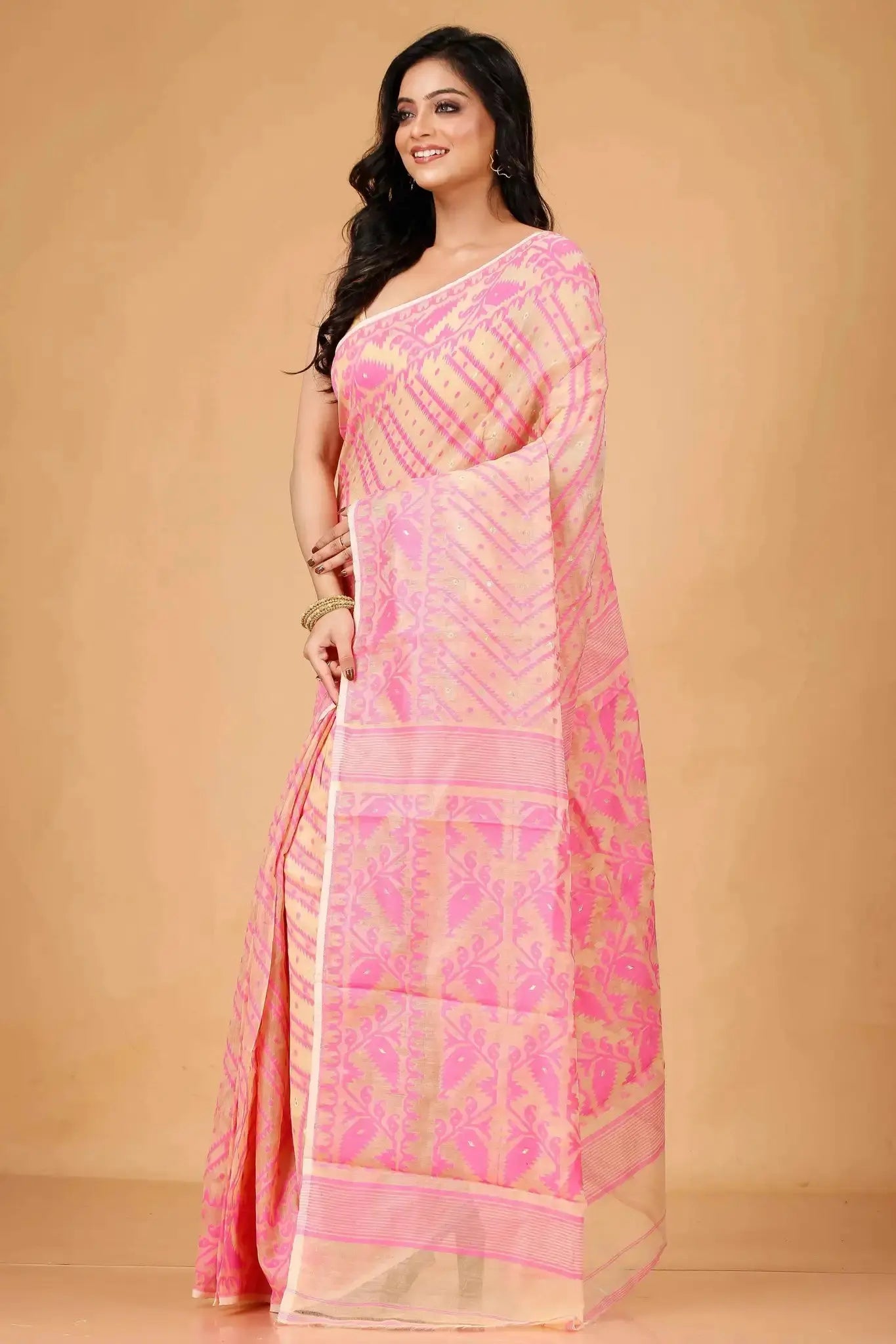 Deep Peach- Bengal Handloom Festive Drape Soft Jamdani Saree