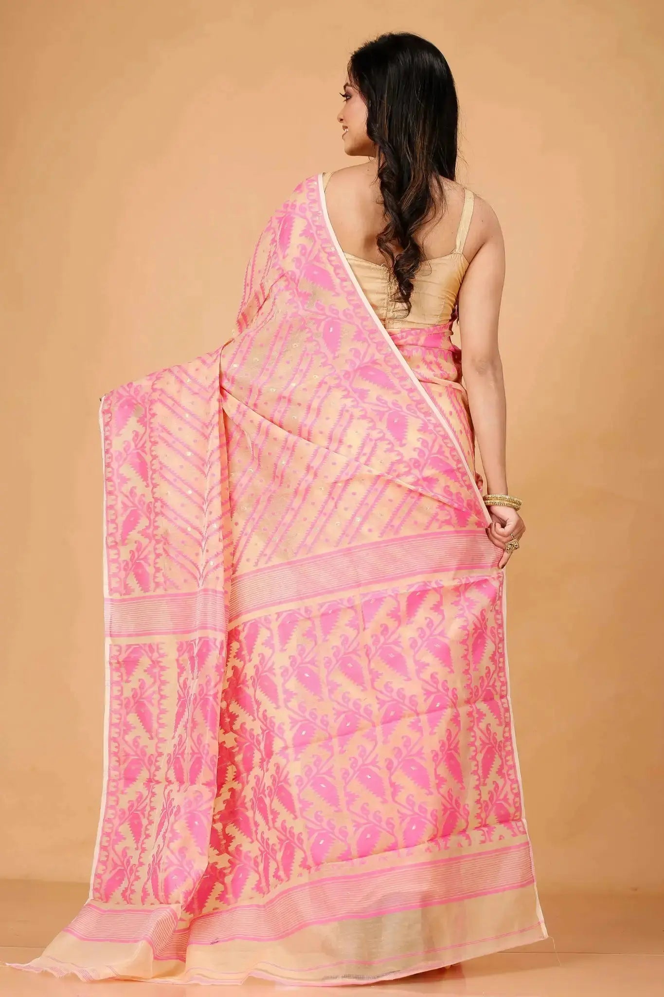 Deep Peach- Bengal Handloom Festive Drape Soft Jamdani Saree