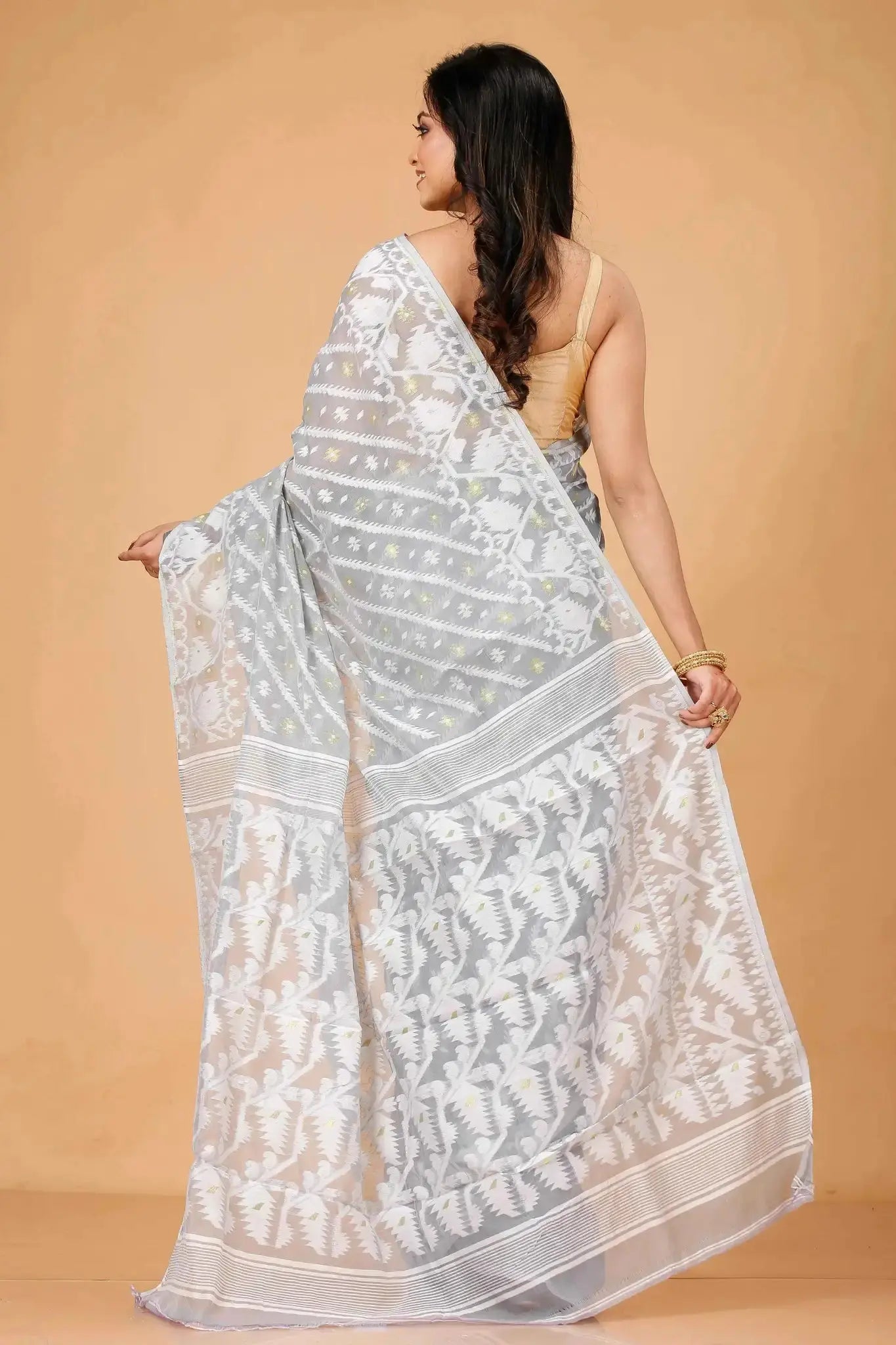 Elegant Tealish Blue- Bengal Handloom Classic Soft Jamdani Saree