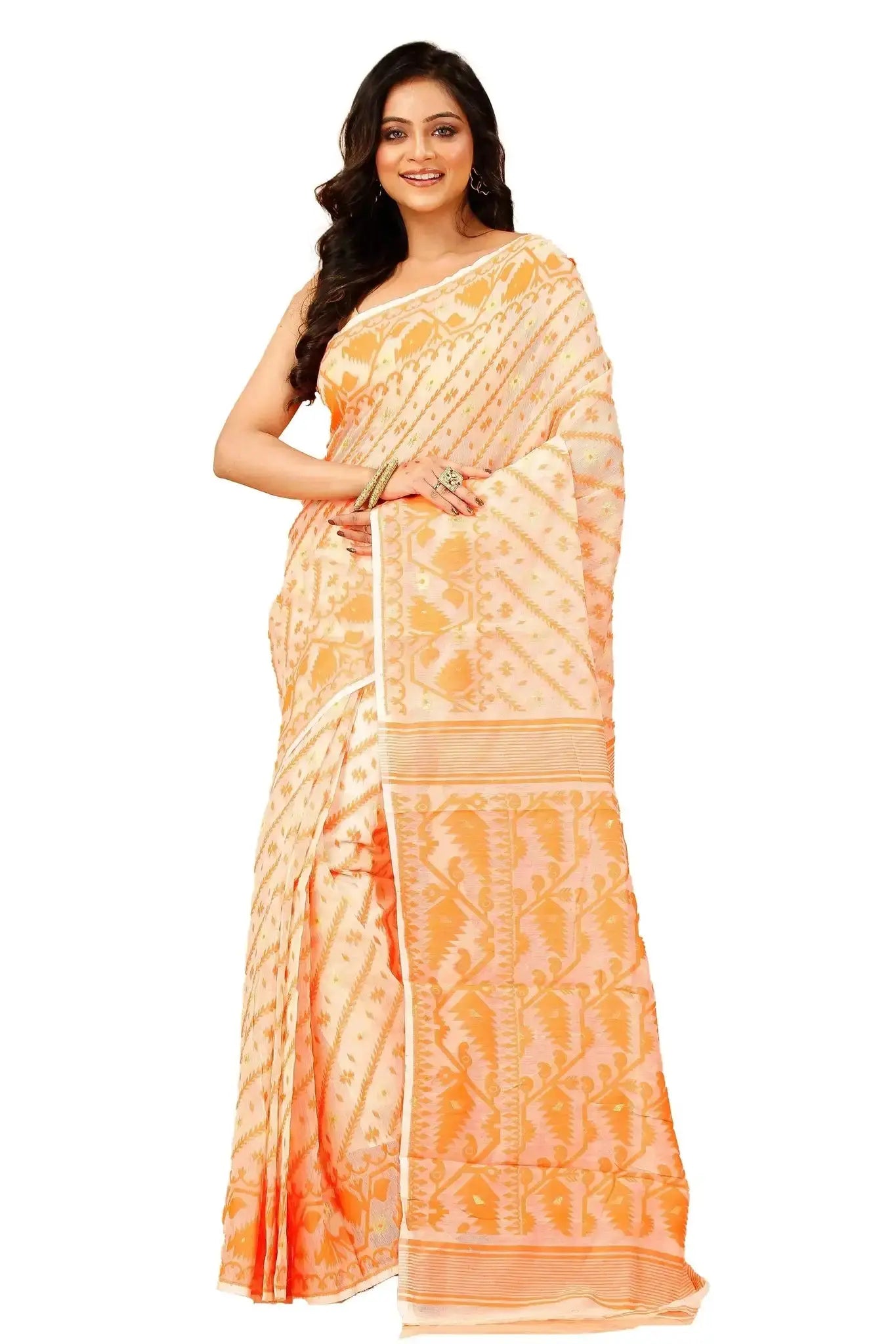 Pale Orange- Bengal Handloom Traditional Wear Soft Jamdani Saree
