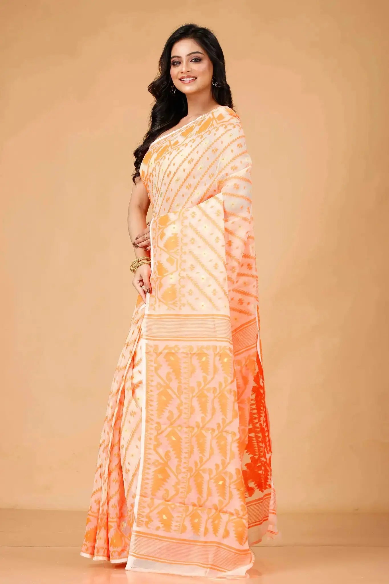 Pale Orange- Bengal Handloom Traditional Wear Soft Jamdani Saree