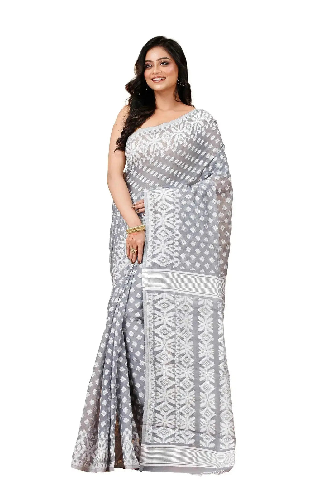 Grey- Bengal Handloom Ikat Print Classic Soft Jamdani Saree
