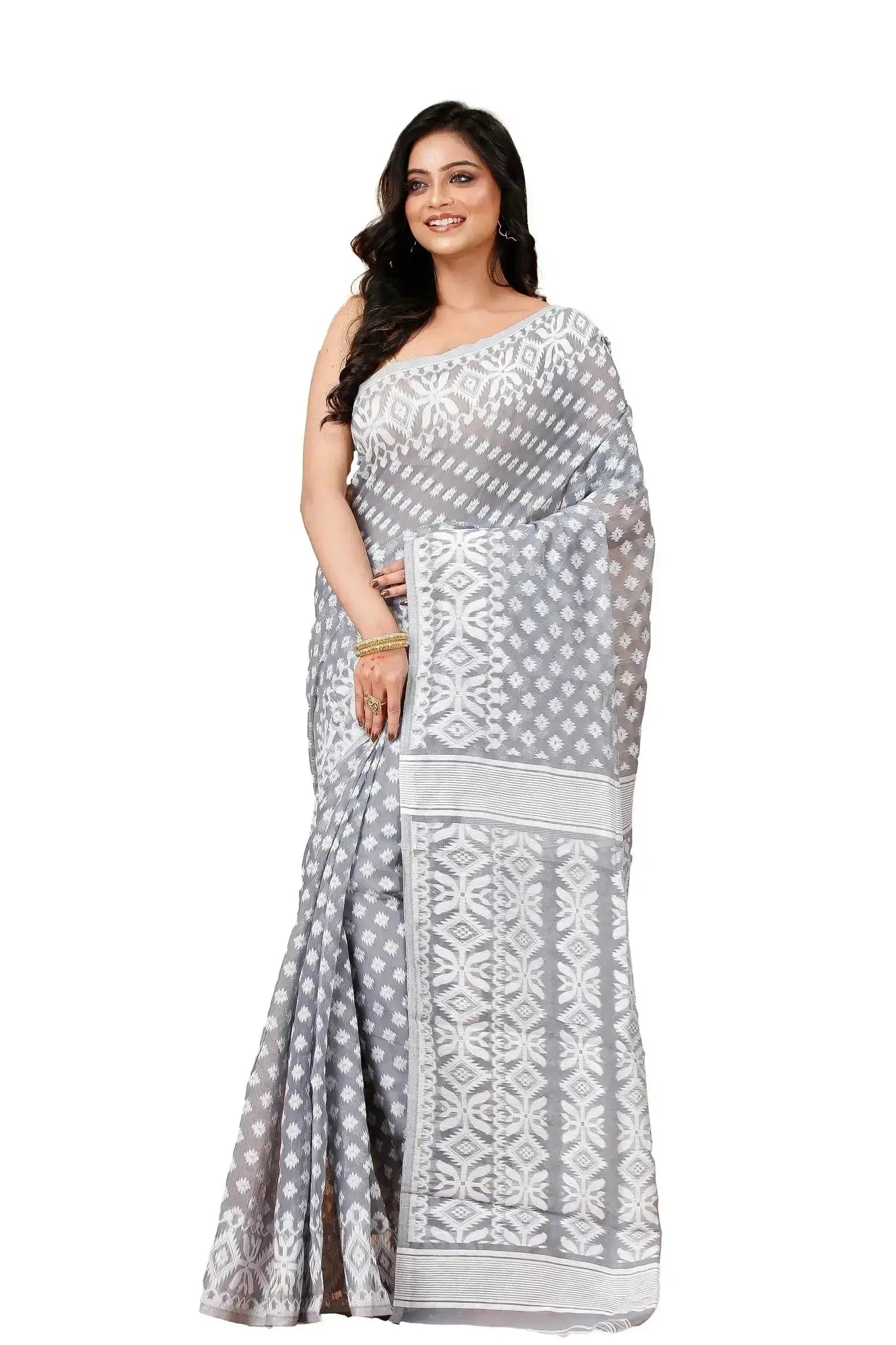 Grey- Bengal Handloom Ikat Print Classic Soft Jamdani Saree