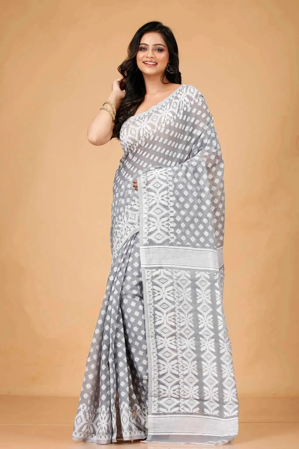 Grey- Bengal Handloom Ikat Print Classic Soft Jamdani Saree
