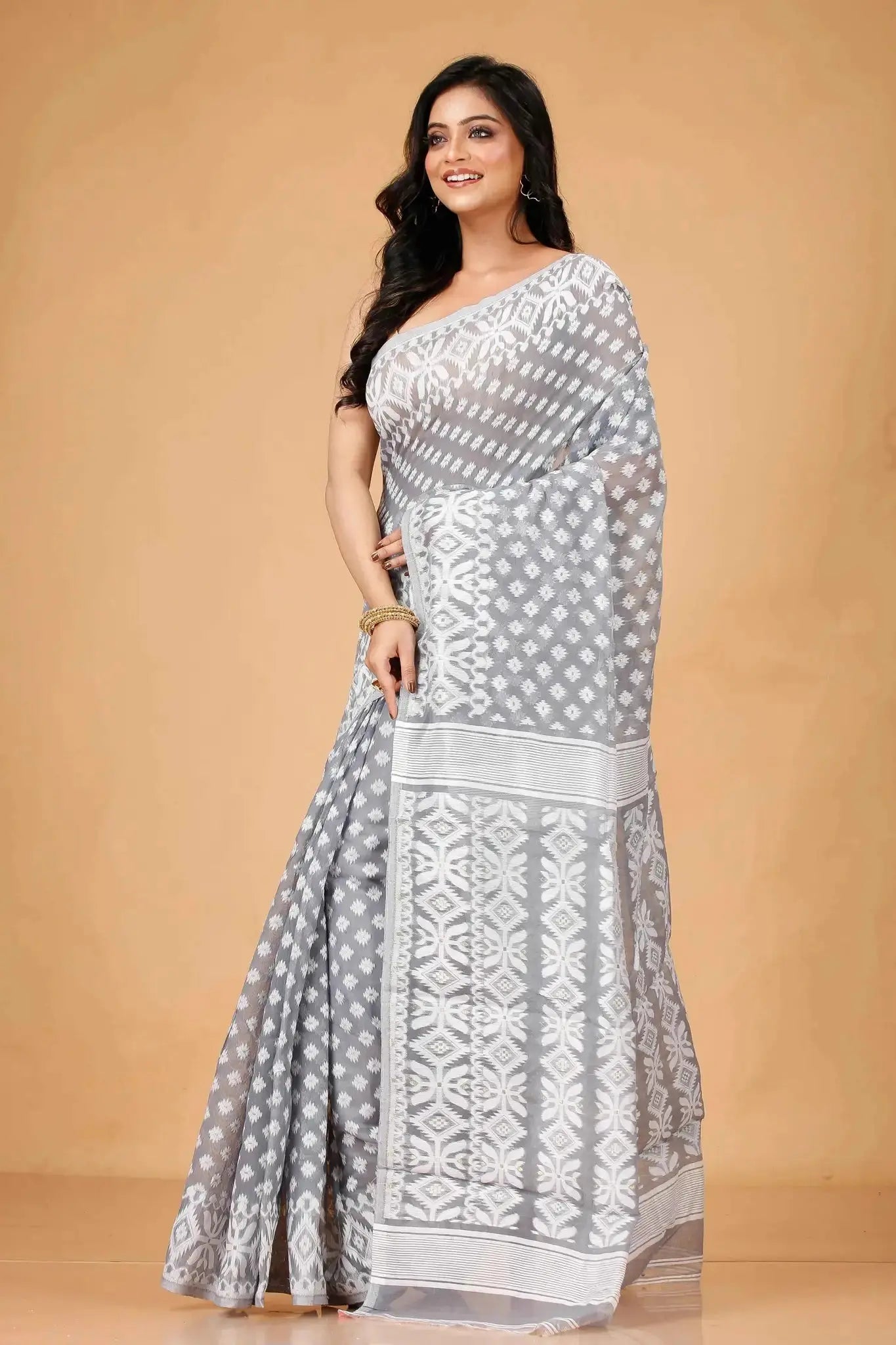 Grey- Bengal Handloom Ikat Print Classic Soft Jamdani Saree