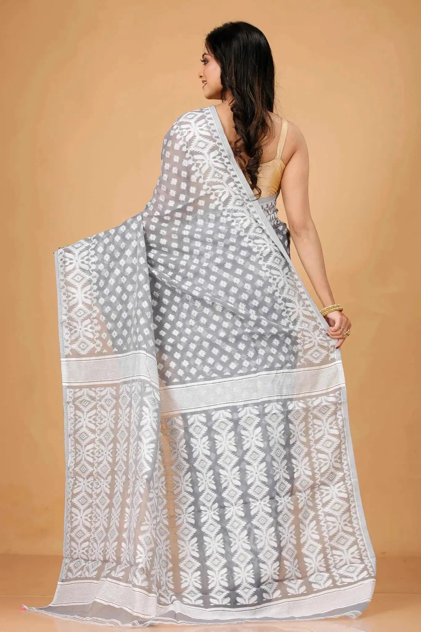 Grey- Bengal Handloom Ikat Print Classic Soft Jamdani Saree