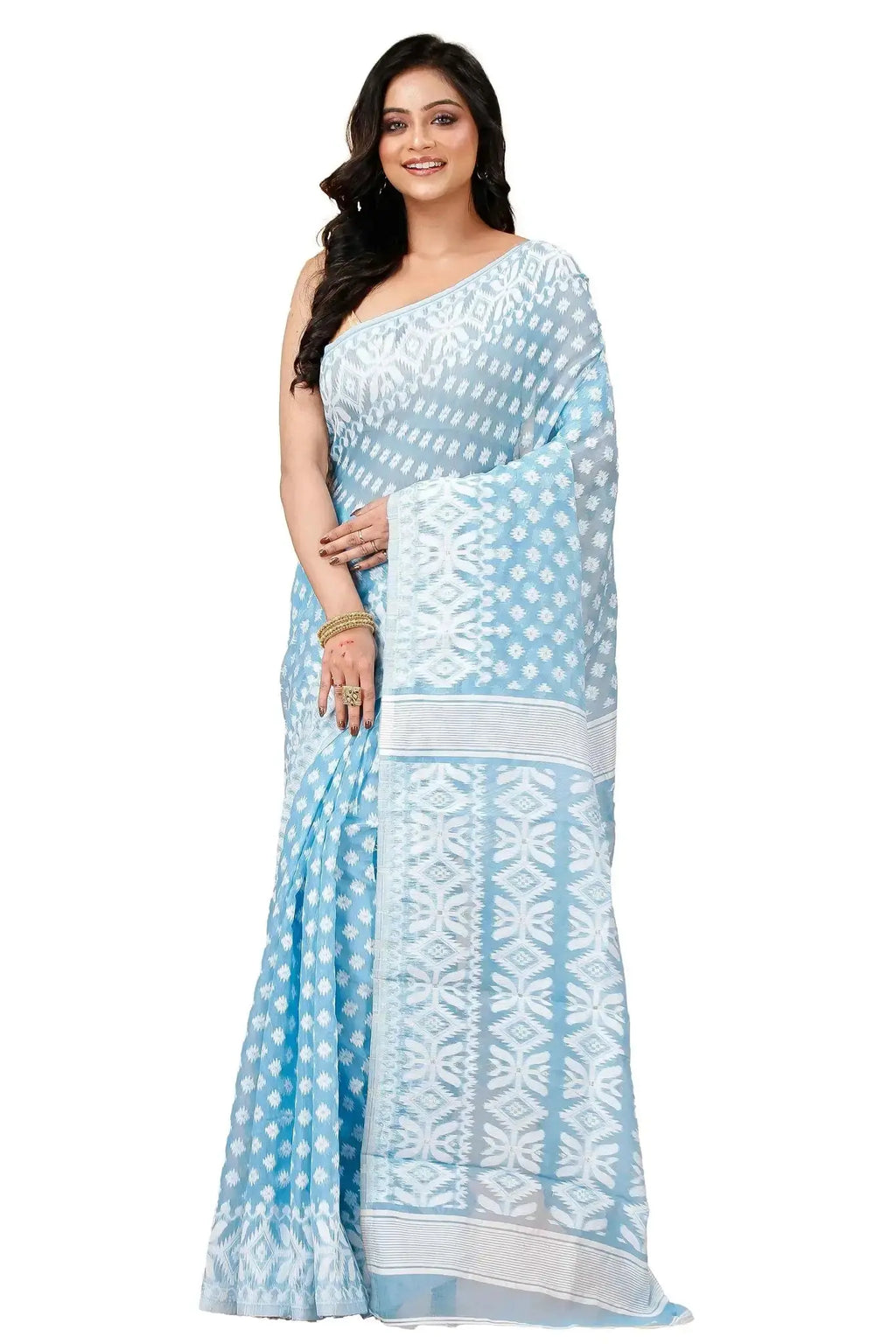 Coral Blue- Bengal Handloom Ikat Print Soft Jamdani Saree