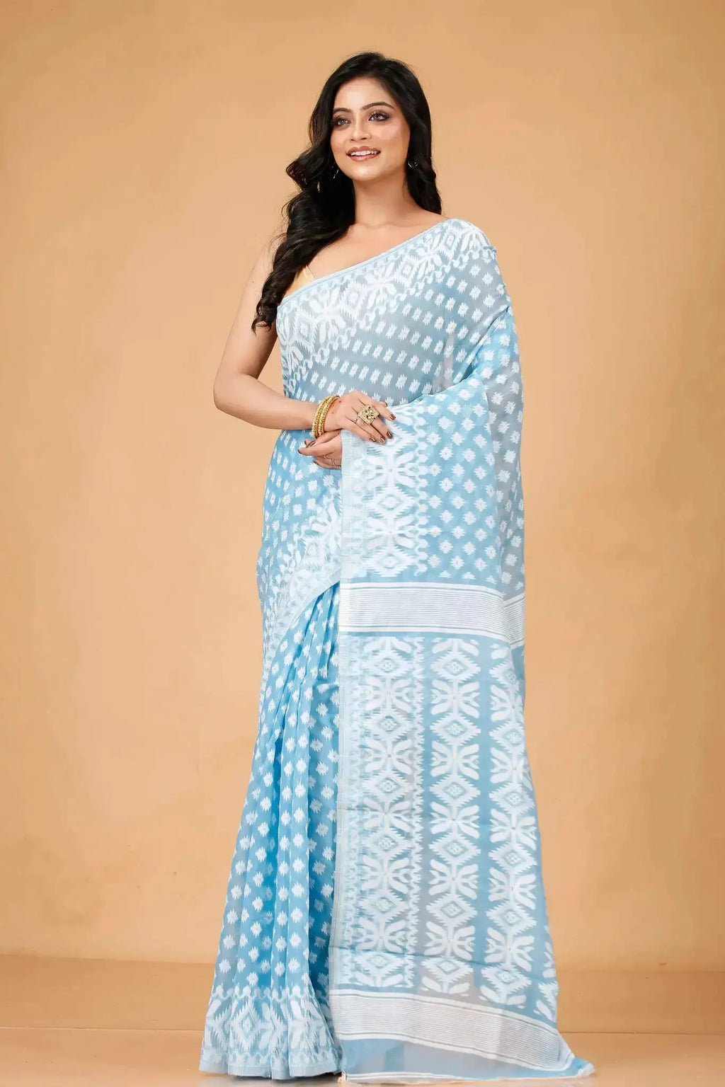 Coral Blue- Bengal Handloom Ikat Print Soft Jamdani Saree