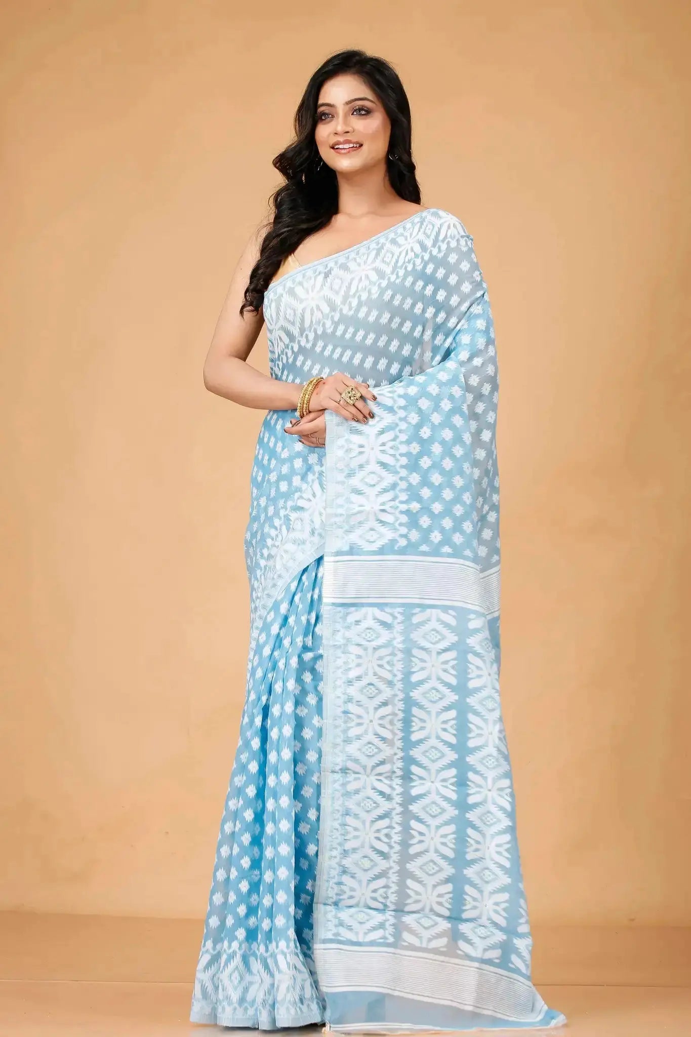 Coral Blue- Bengal Handloom Ikat Print Soft Jamdani Saree