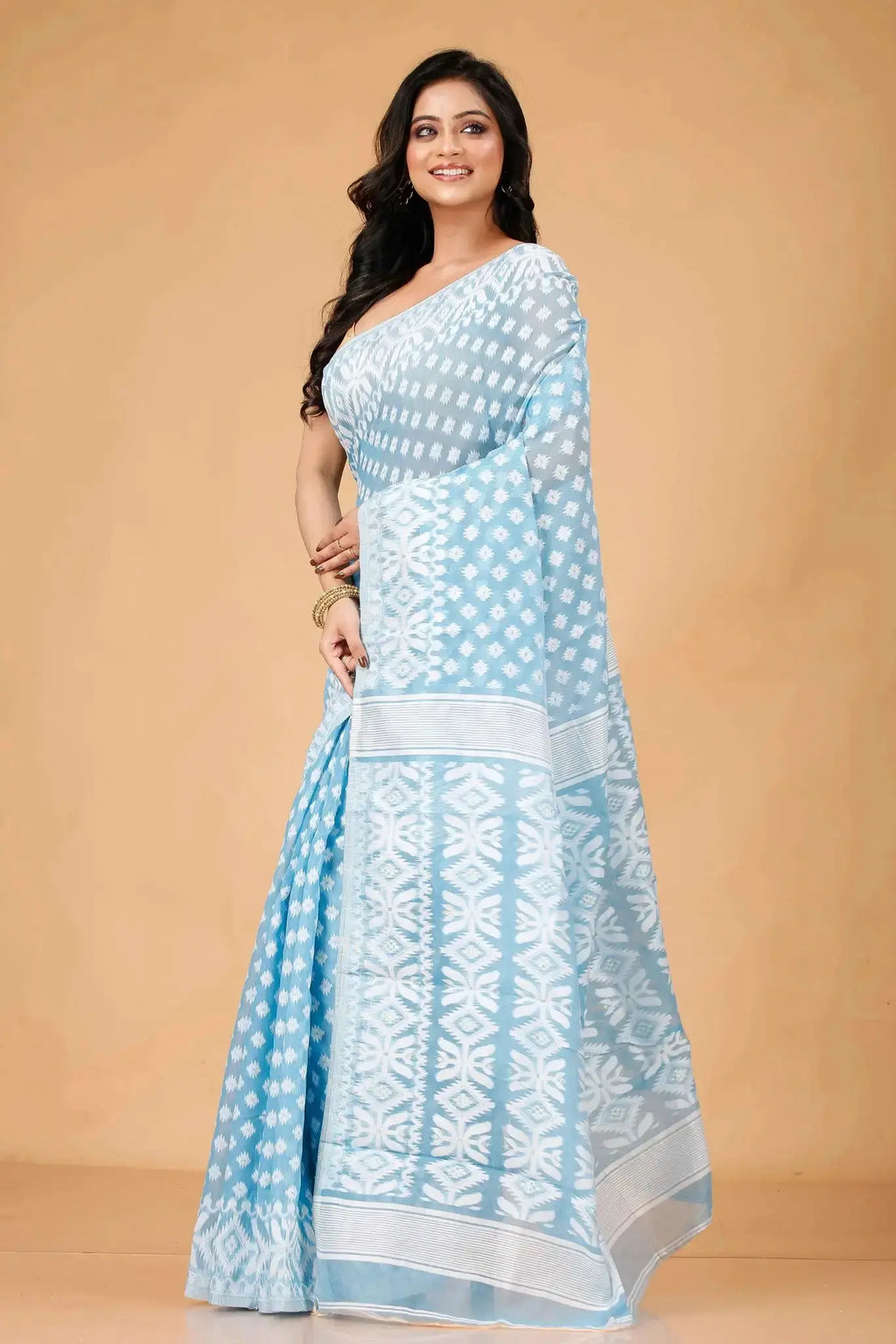 Coral Blue- Bengal Handloom Ikat Print Soft Jamdani Saree