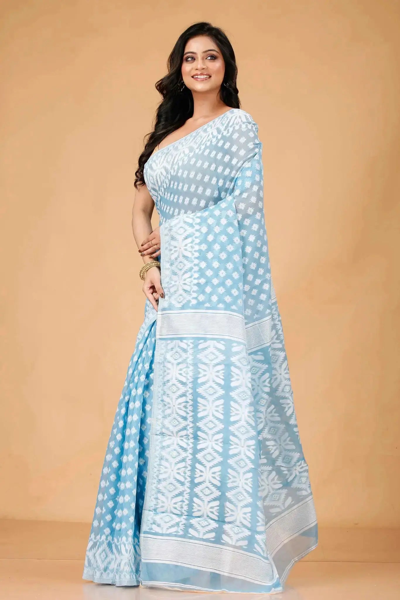 Coral Blue- Bengal Handloom Ikat Print Soft Jamdani Saree