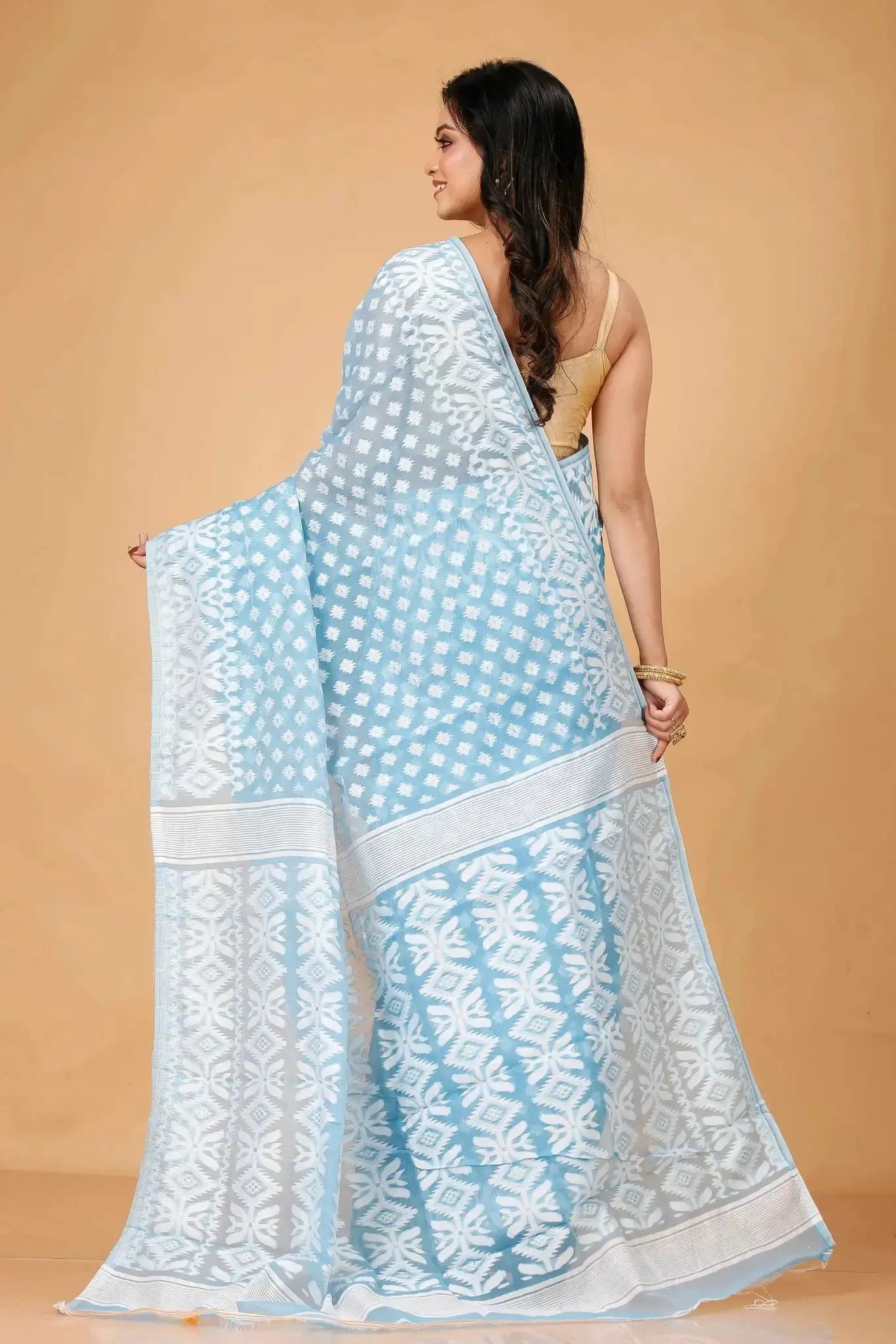 Coral Blue- Bengal Handloom Ikat Print Soft Jamdani Saree
