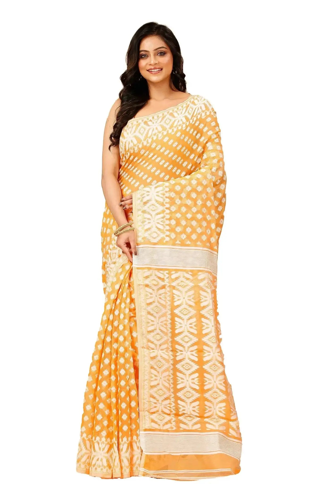 Deep Orange- Bengal Handloom Ikat Print Soft Jamdani Saree