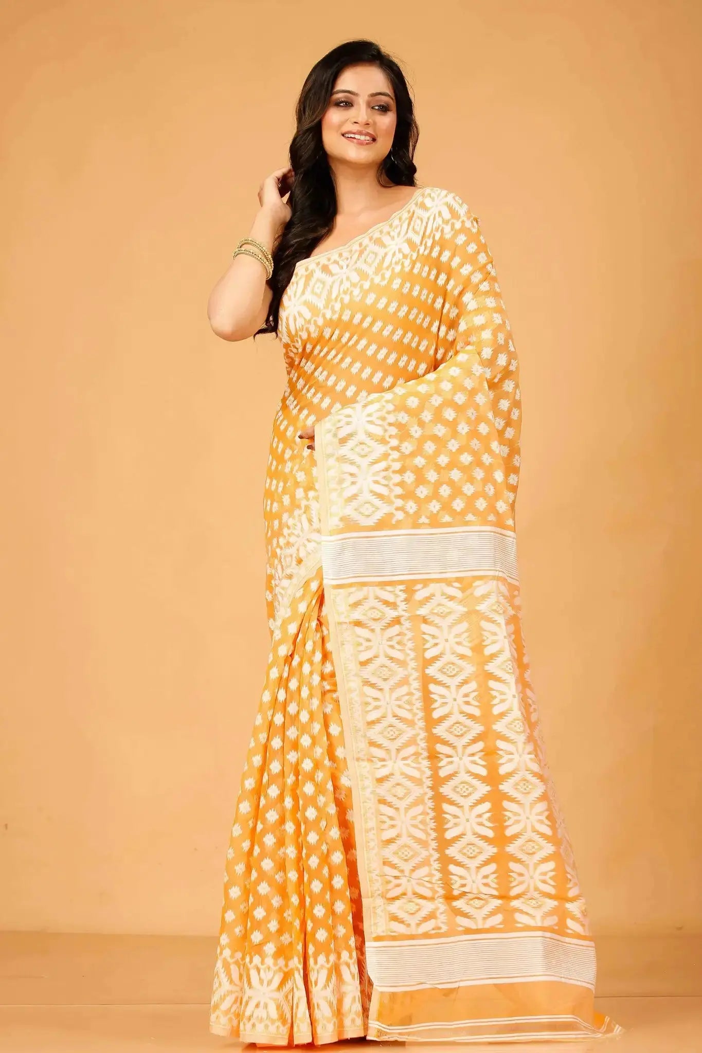 Deep Orange- Bengal Handloom Ikat Print Soft Jamdani Saree