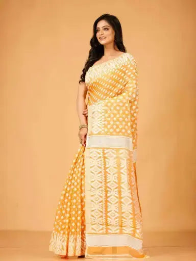 Deep Orange- Bengal Handloom Ikat Print Soft Jamdani Saree