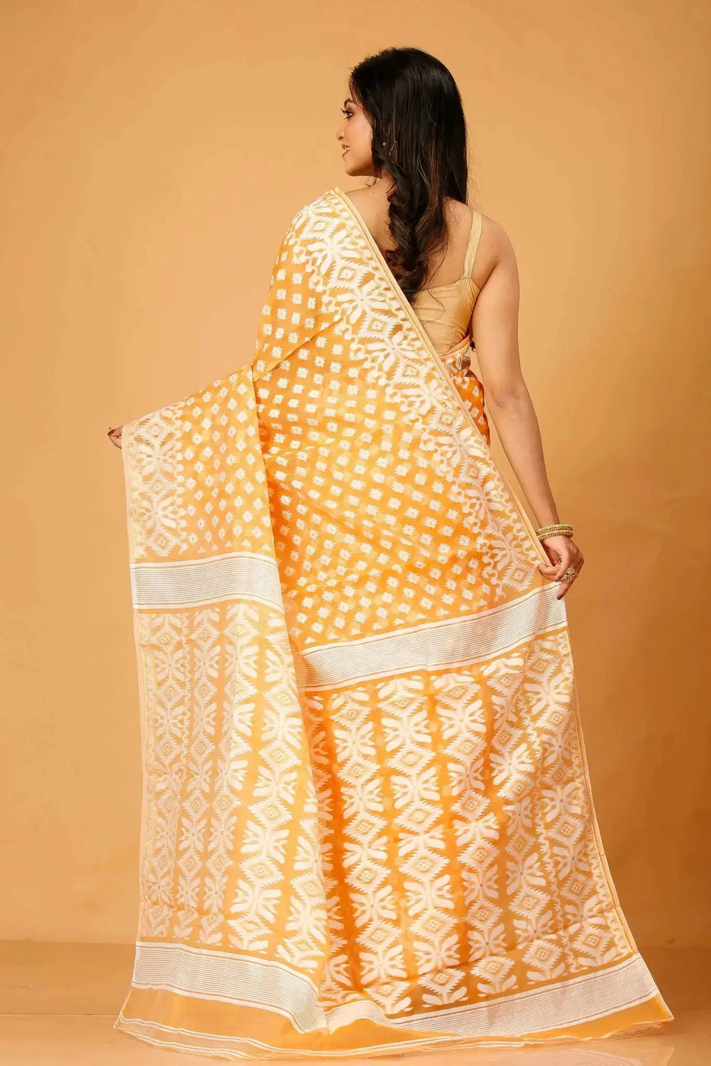 Deep Orange- Bengal Handloom Ikat Print Soft Jamdani Saree