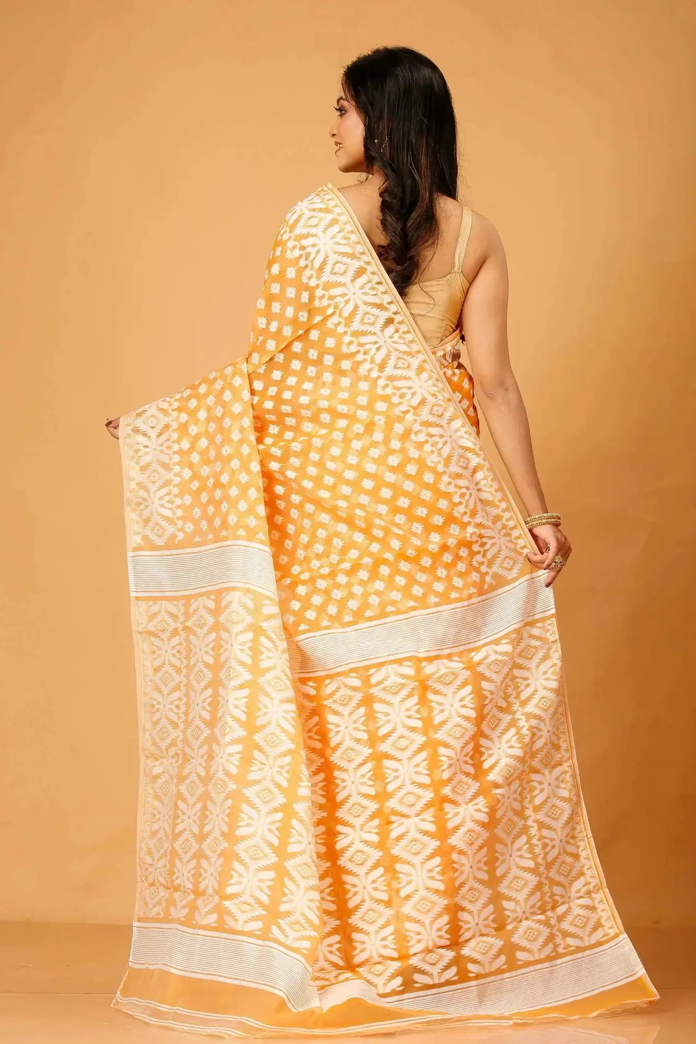 Deep Orange- Bengal Handloom Ikat Print Soft Jamdani Saree