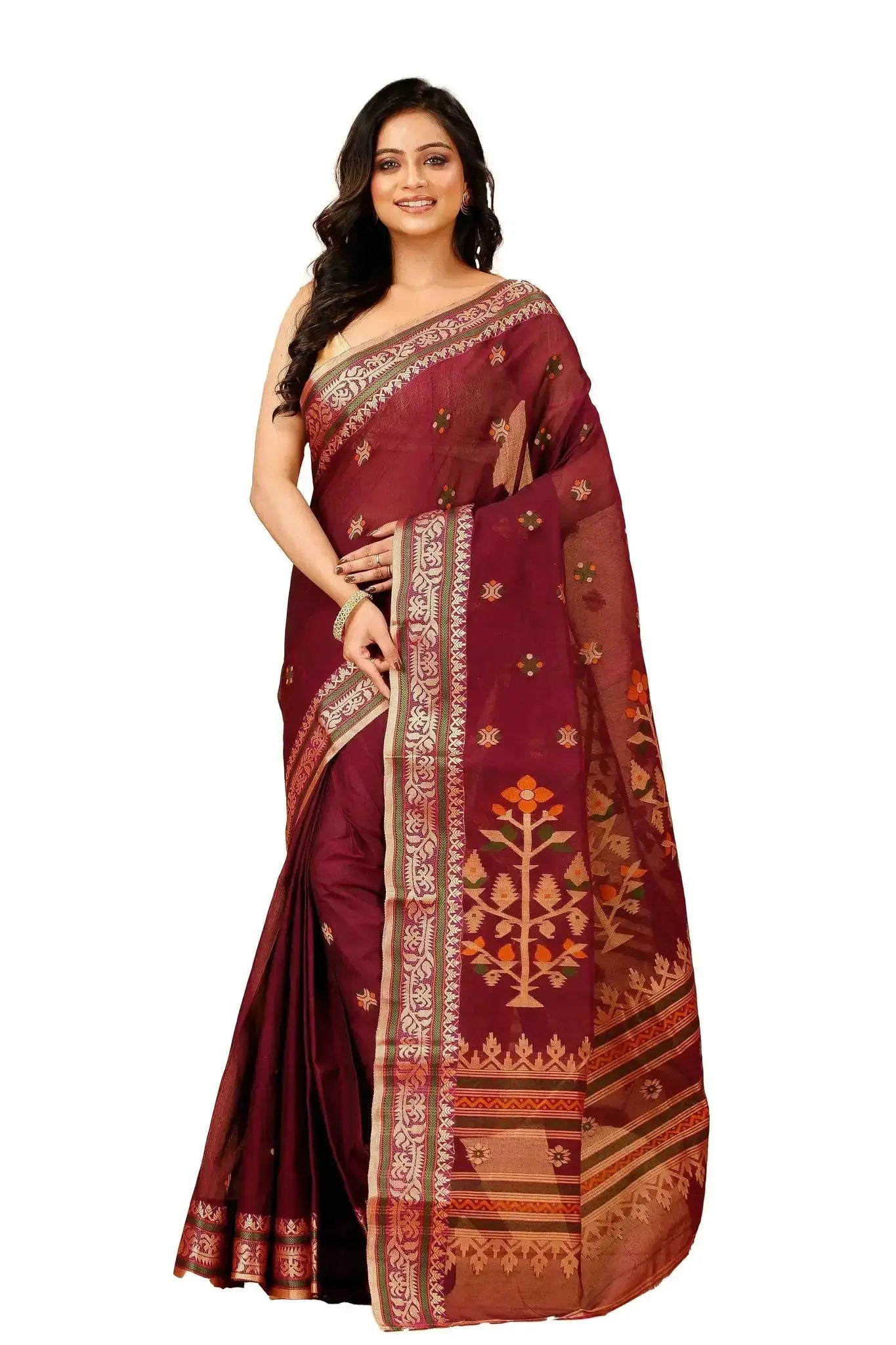 Maroon- Pure Cotton Bengal Handloom Elegant Floral Weaving & Rich Pallu Saree