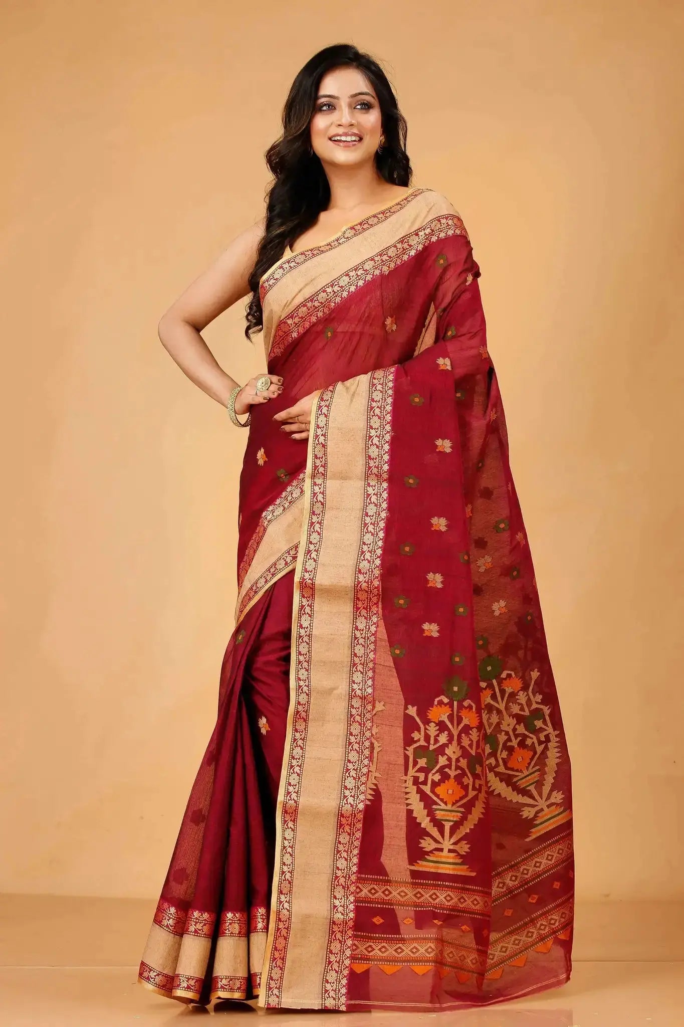 Maroon With Gold Border- Pure Cotton Bengal Handloom Indian Saree