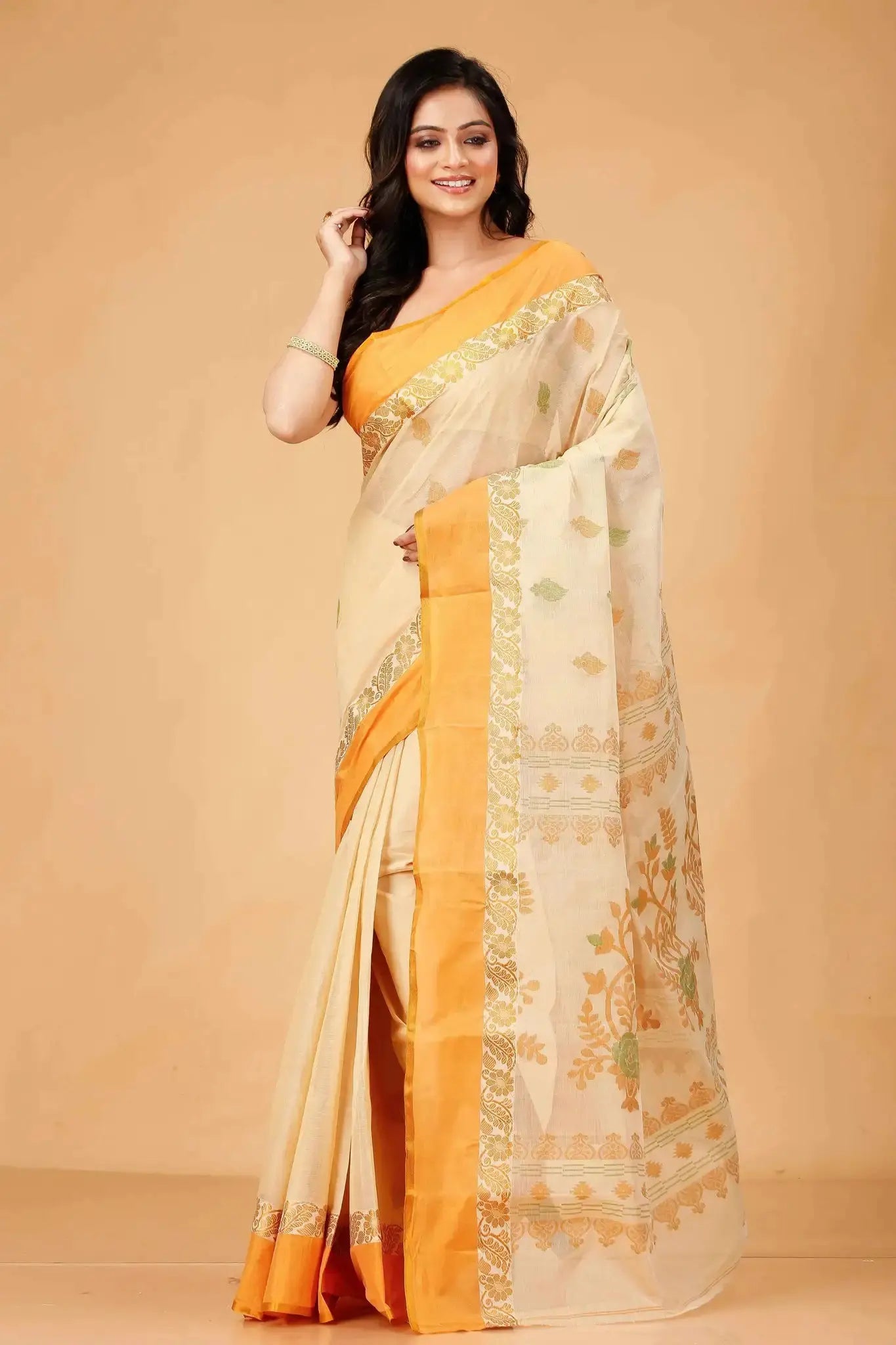 Peach Orange- Pure Cotton Bengal Handloom Traditional Design With Rich Pallu