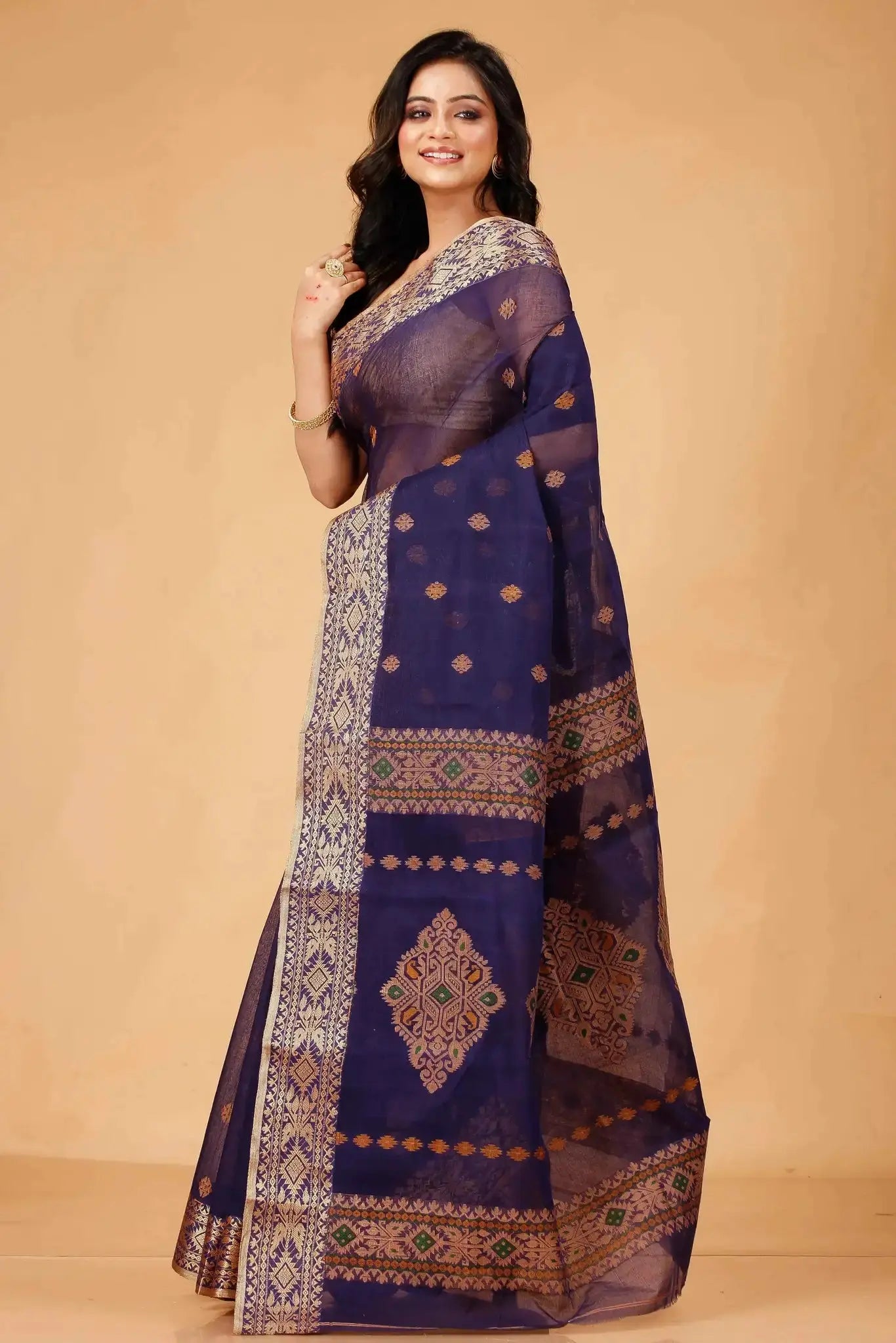 Blue- Pure Cotton Bengal Handloom Traditional Handwoven Saree With Rich Border