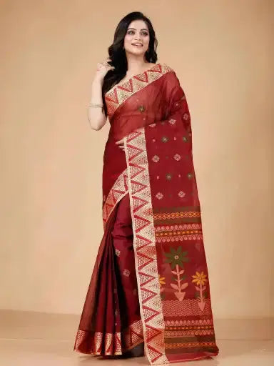 Cherrywood- Pure Cotton Bengal Handloom Saree With Traditional Floral Design
