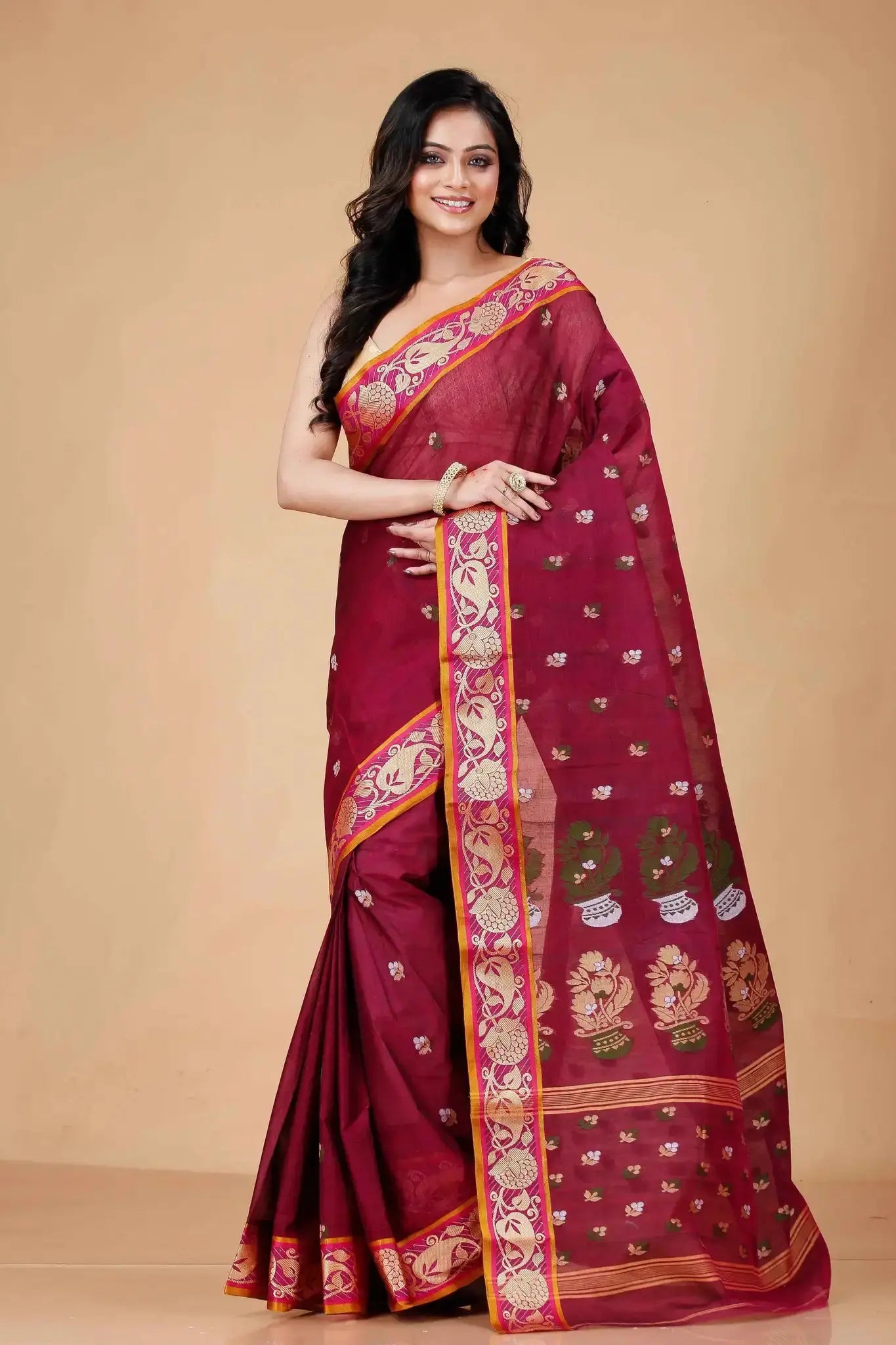 Red Wine- Pure Cotton Bengal Handloom Saree With Ornate Paisley Border