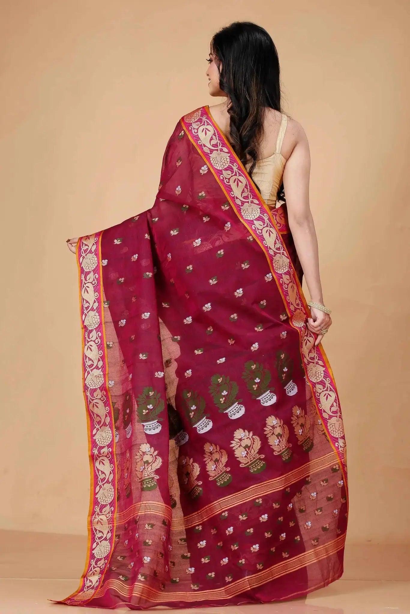 Red Wine- Pure Cotton Bengal Handloom Saree With Ornate Paisley Border