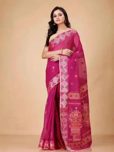 Magenta- Pure Cotton Bengal Handloom Saree With Traditional Motif Pallu
