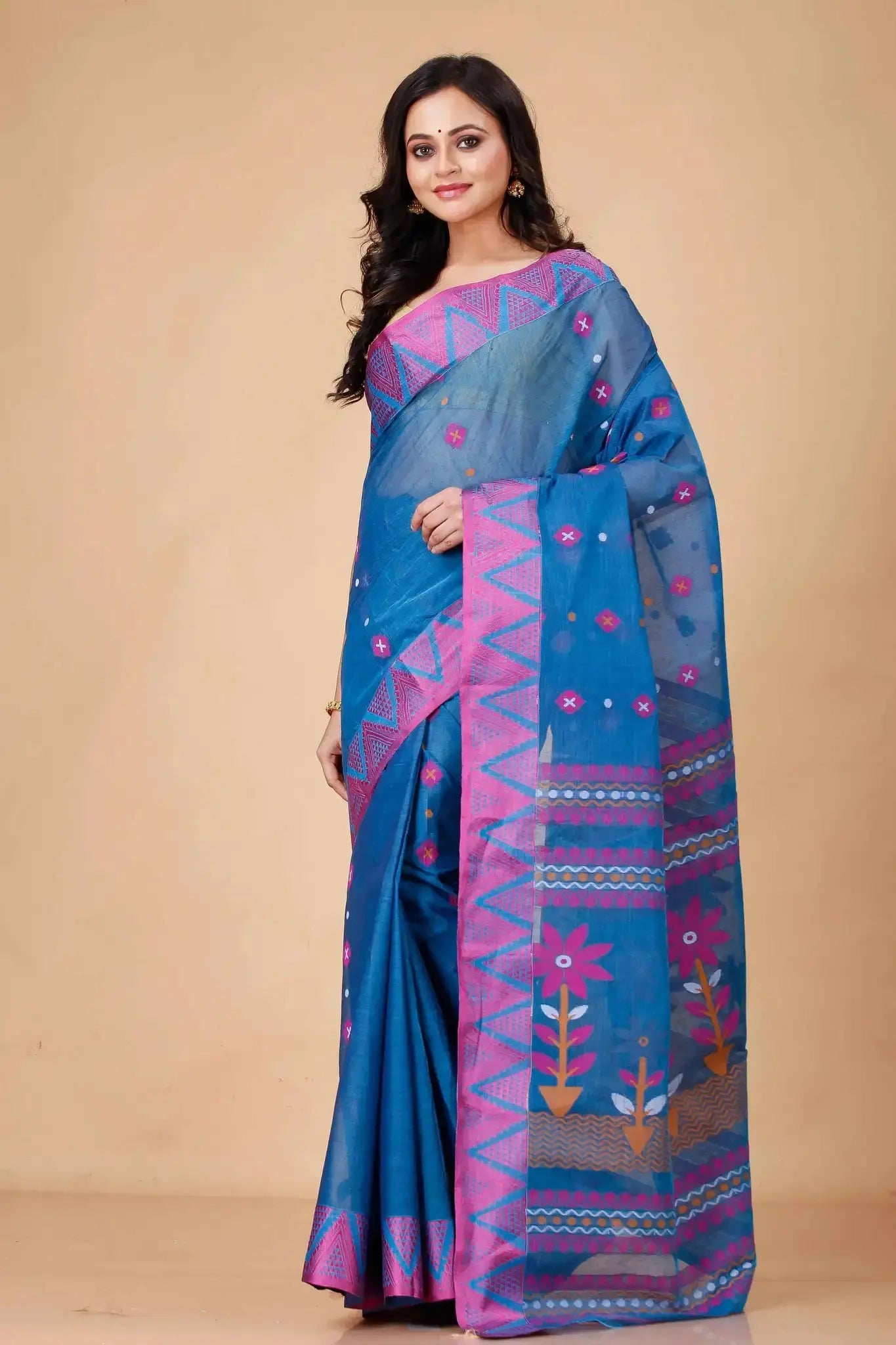 Peacock Blue- Pure Cotton Bengal Handloom Saree With Floral Woven Detailing