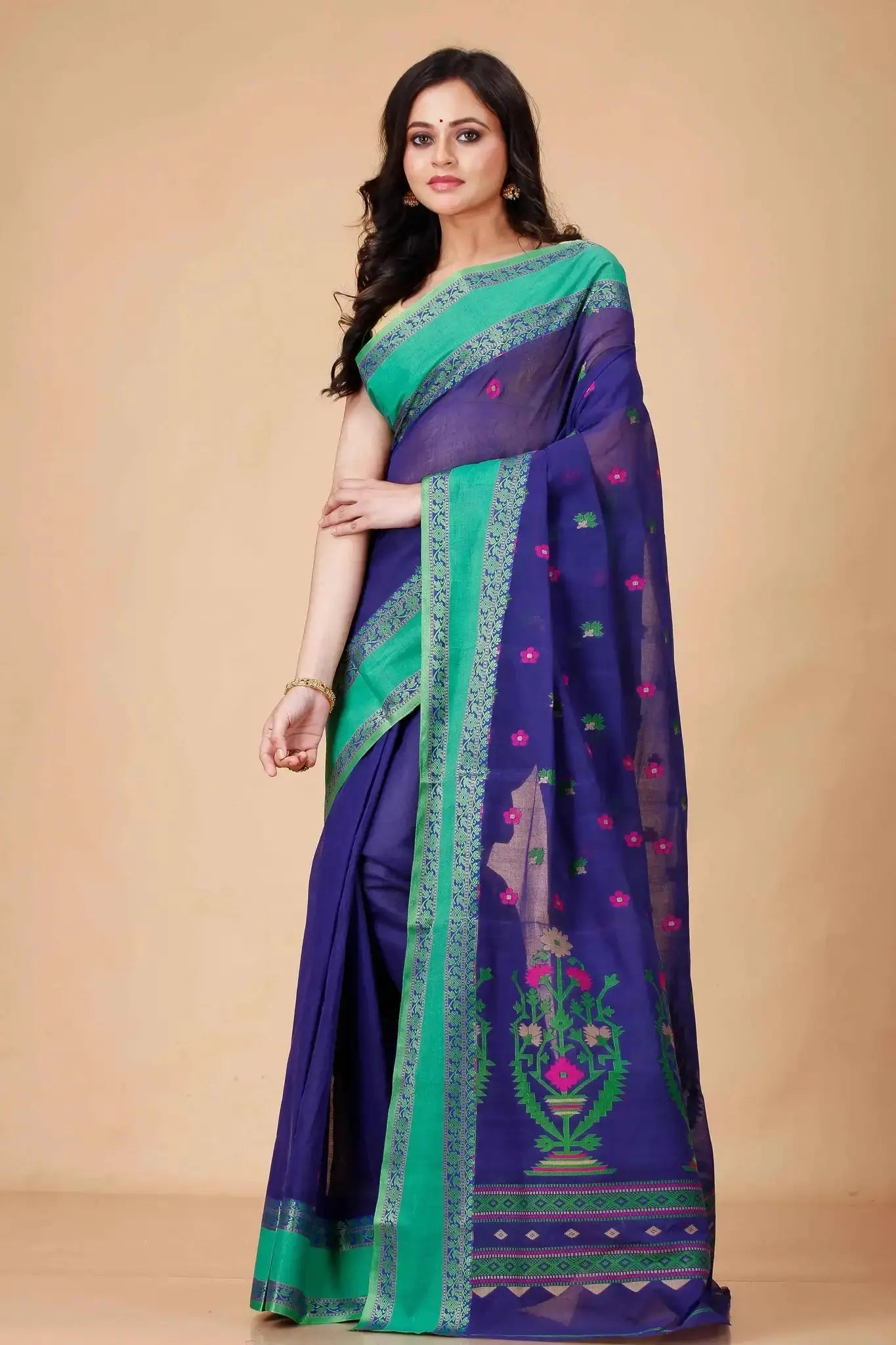 Dark Lavender- Pure Cotton Bengal Handloom Floral Embroidery With Green Border Saree