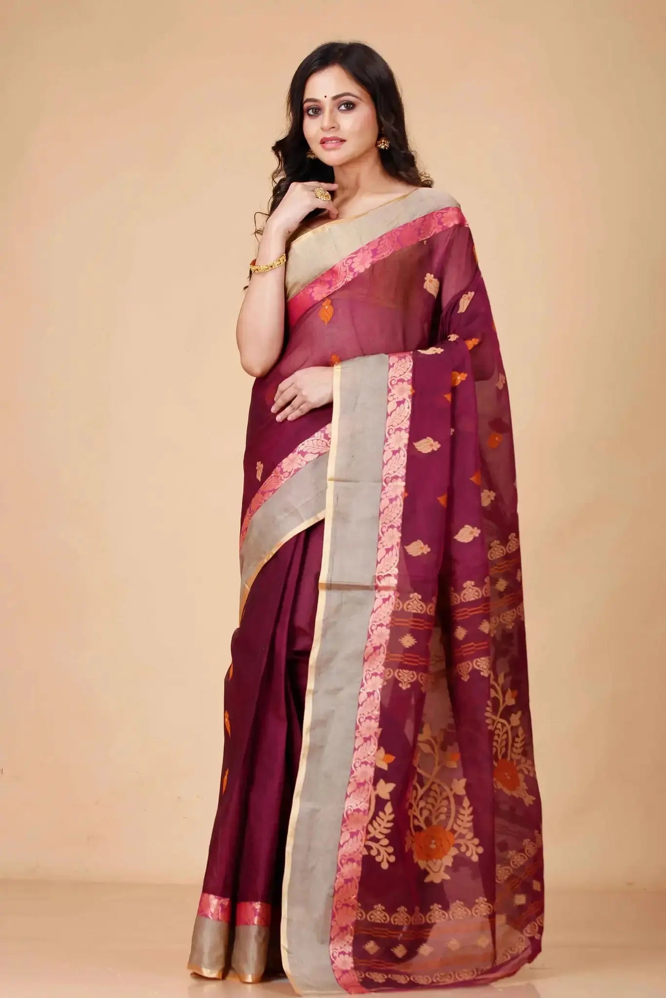 Wine Red- Pure Cotton Bengal Handloom Handwoven Saree With Elegant Border