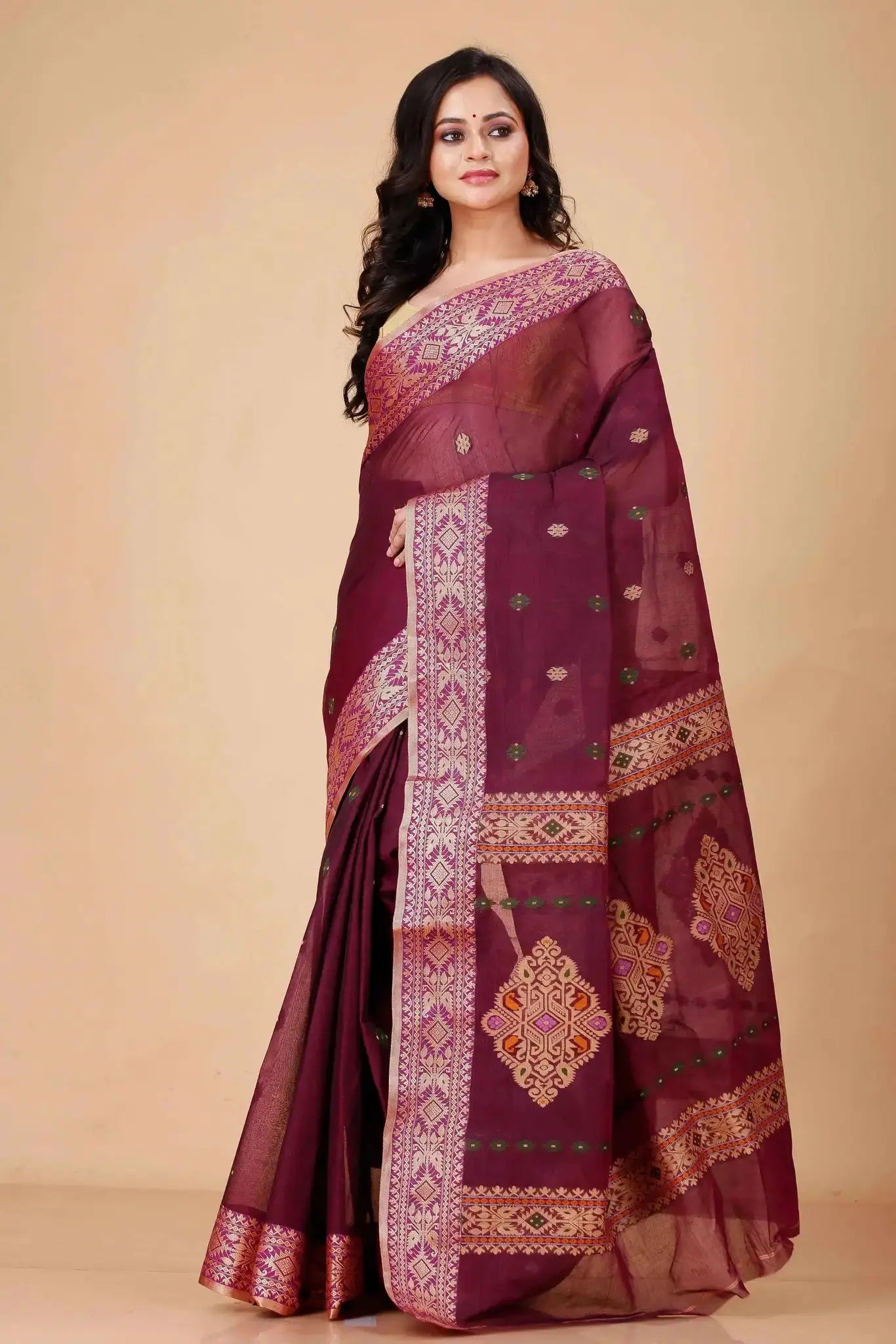 Wine Red- Pure Cotton Bengal Handloom Traditional Handwoven Saree With Rich Pallu