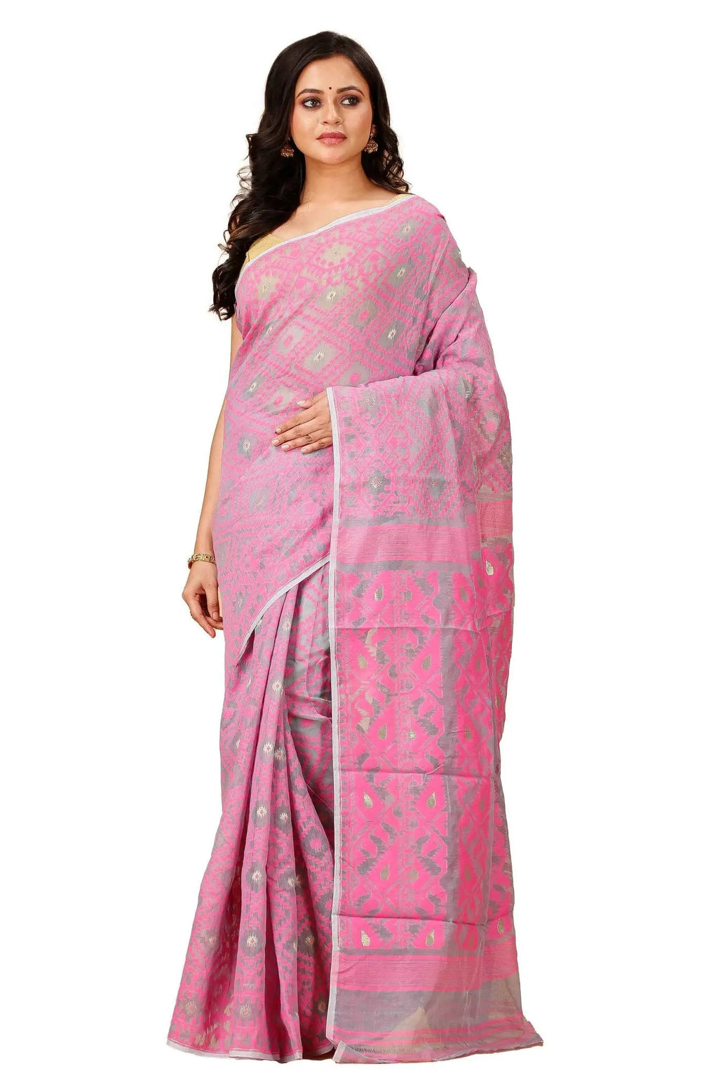 Cadillac Pink- Handwoven Bengal Handloom Soft Cotton Jamdani Saree