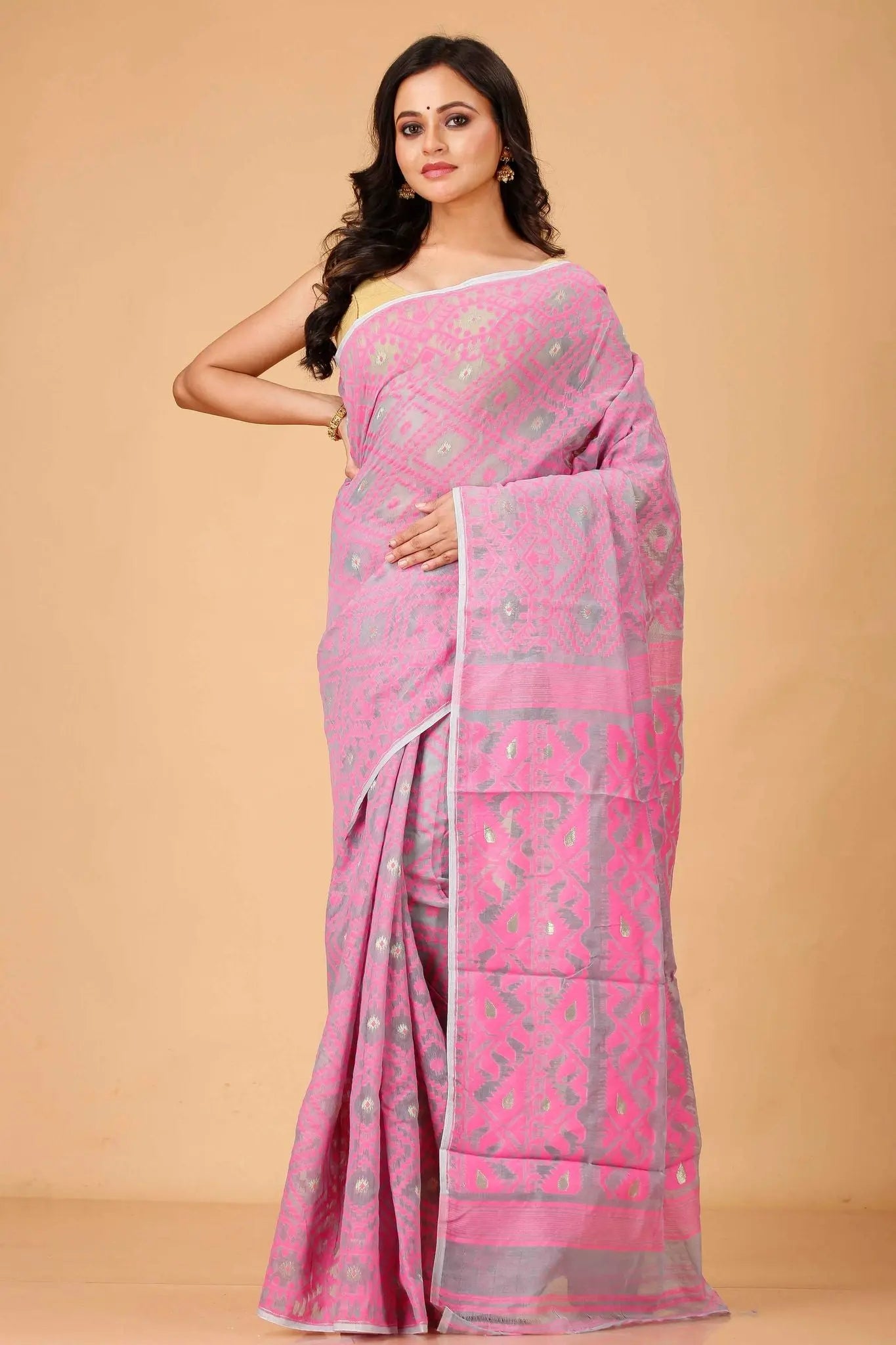 Cadillac Pink- Handwoven Bengal Handloom Soft Cotton Jamdani Saree