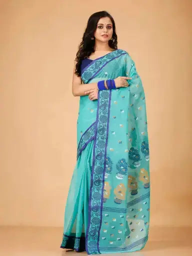 Turquoise- Pure Cotton Bengal Handloom Saree With Handwoven Motifs Border