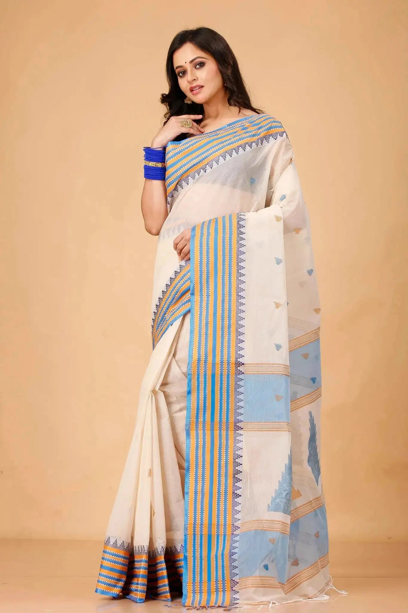 Blue and Beige- Pure Cotton Bengal Handloom Saree With Striped Border